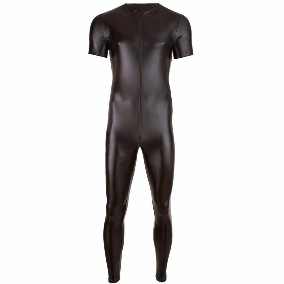 Tuta da uomo, tinta unita, effetto bagnato, body da uomo, in pelle, tuta intera in similpelle, effetto pelle, biancheria intima in pelle sintetica, pantaloni da clubwear