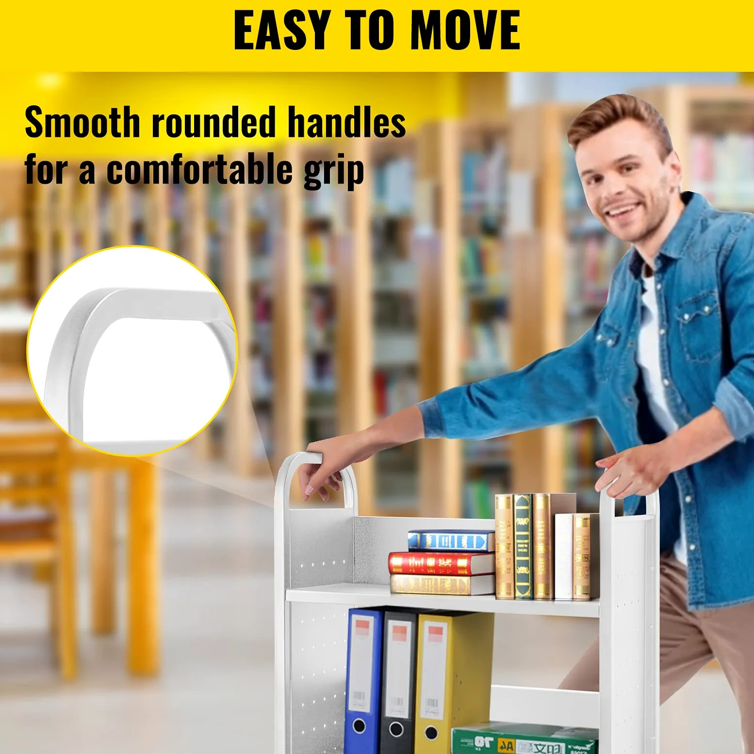 VEVOR Carrello per Libri, Carrello per Biblioteca da 200 Libbre, Carrello per Libri con Ruote 30x14x49 Pollici Ruote Bloccabili da 4 Pollici, per Scaffali Domestici Ufficio, Bianco