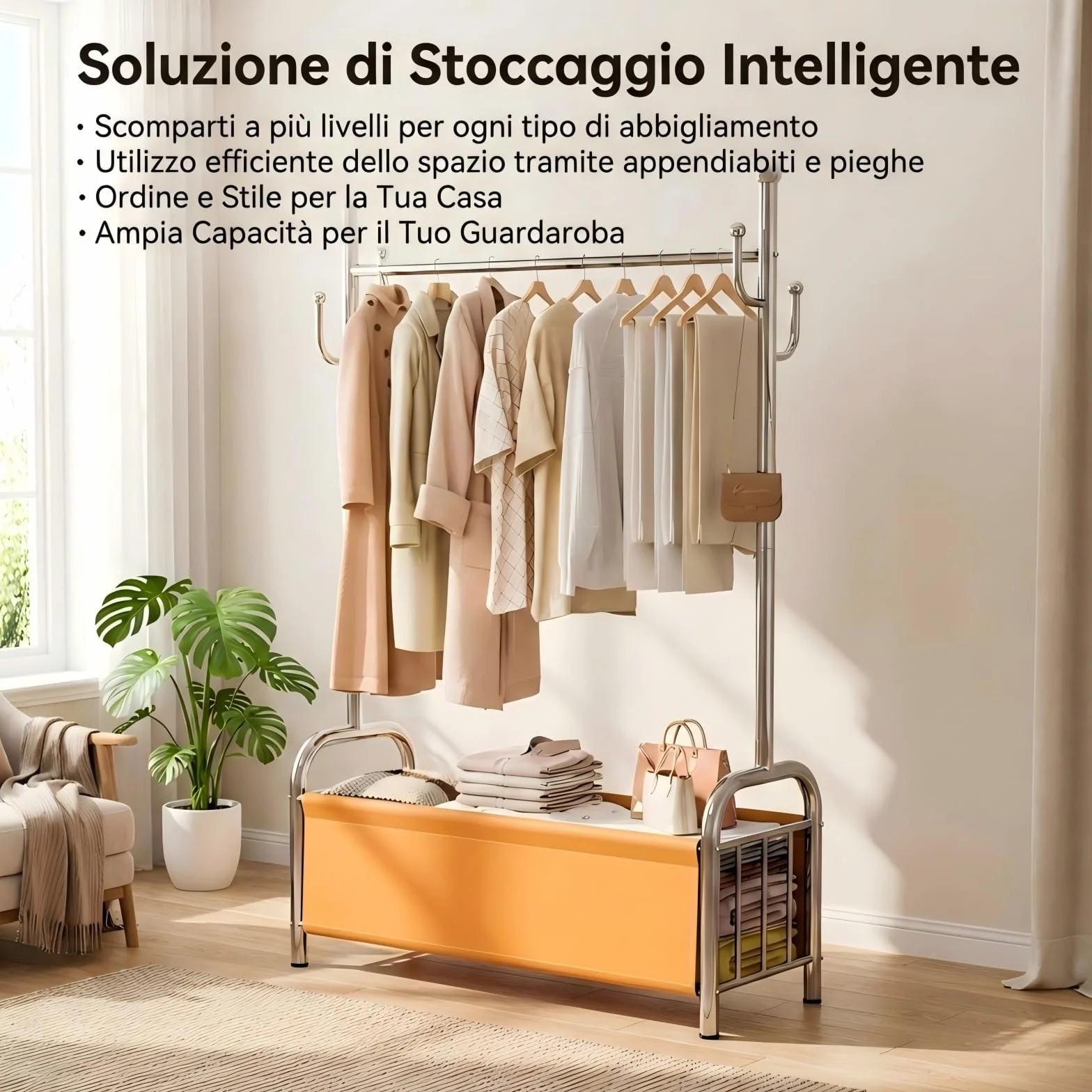 Porta Abiti da Terra in Acciaio Inox con Cestino Portaoggetti in Pelle 115 kg