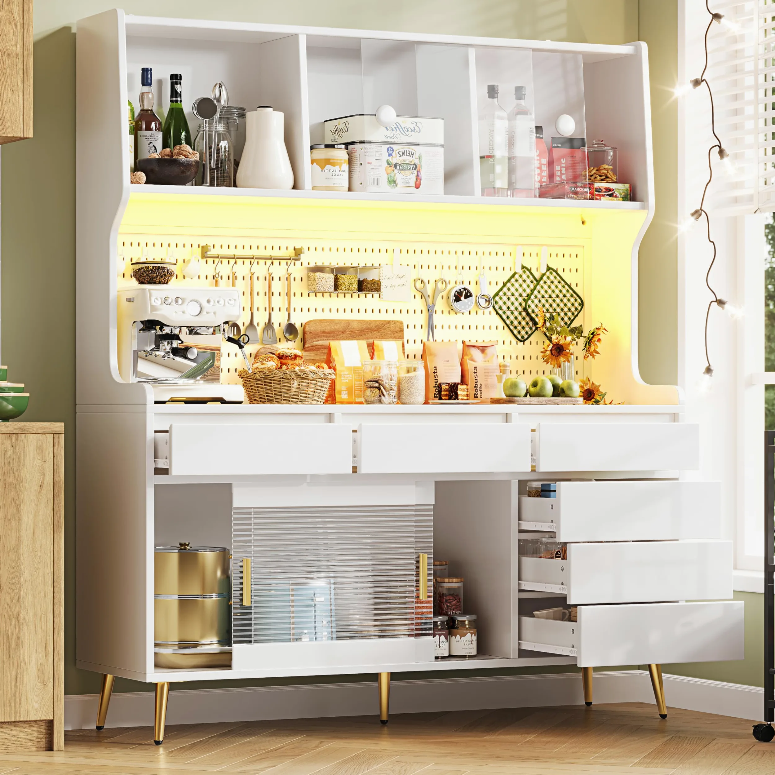 Mobile alto moderno, 145 x 39 x 171 cm, bianco, con armadio da cucina o armadio da sala da pranzo con cassetto, credenza con ripiano con parete forata