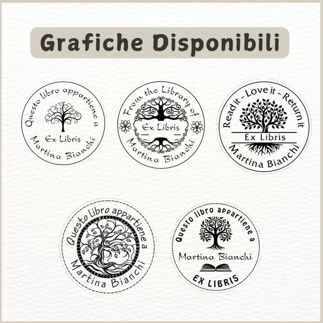 Timbro Ex Libris Personalizzato in Legno Rotondo | ALBERO DELLA VITA | con 10 Template Grafici Pronti da Personalizzare - Idea Regalo Per Lettori Di Libri e Appassionati di Lettura