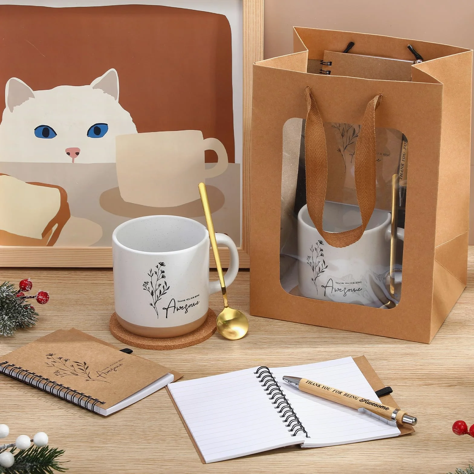 Vesici Set regalo di ringraziamento per i dipendenti, tazza da caffè con cucchiaio, diario ispiratore, penna a sfera, set regalo per colleghi, personale e insegnanti (36 pezzi)