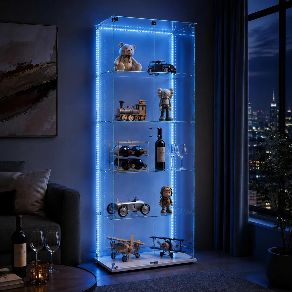 Vetrinetta in vetro da esposizione, Vetrinetta in piedi con LED, 5 strati di vetro, legno, vetrina in vetro, vetrinetta con 2 porte e serratura, vetrina in vetro, vetrinetta da esposizione per