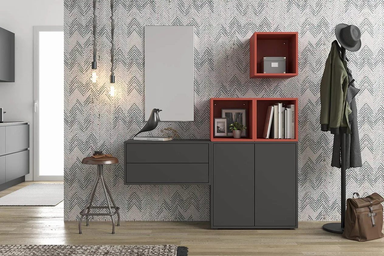 Iconico Home QBE Cubo da parete, 1 ripiano, con 2 ante apertura a pressione, Ingresso, Soggiorno, Camera da letto, Cameretta ragazzi, Studio, 75x35xh75 cm, Grigio scuro