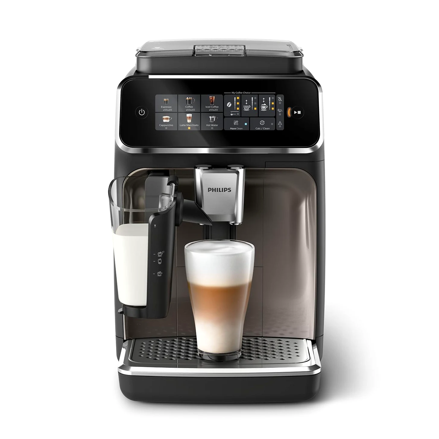 Philips Serie 3300 Macchina da caffè automatica - 6 tipi di bevande, Display touch screen a colori, LatteGo, SilentBrew, Macinacaffè in ceramica al 100%, Filtro AquaClean. Cromato nero (EP3347/90)