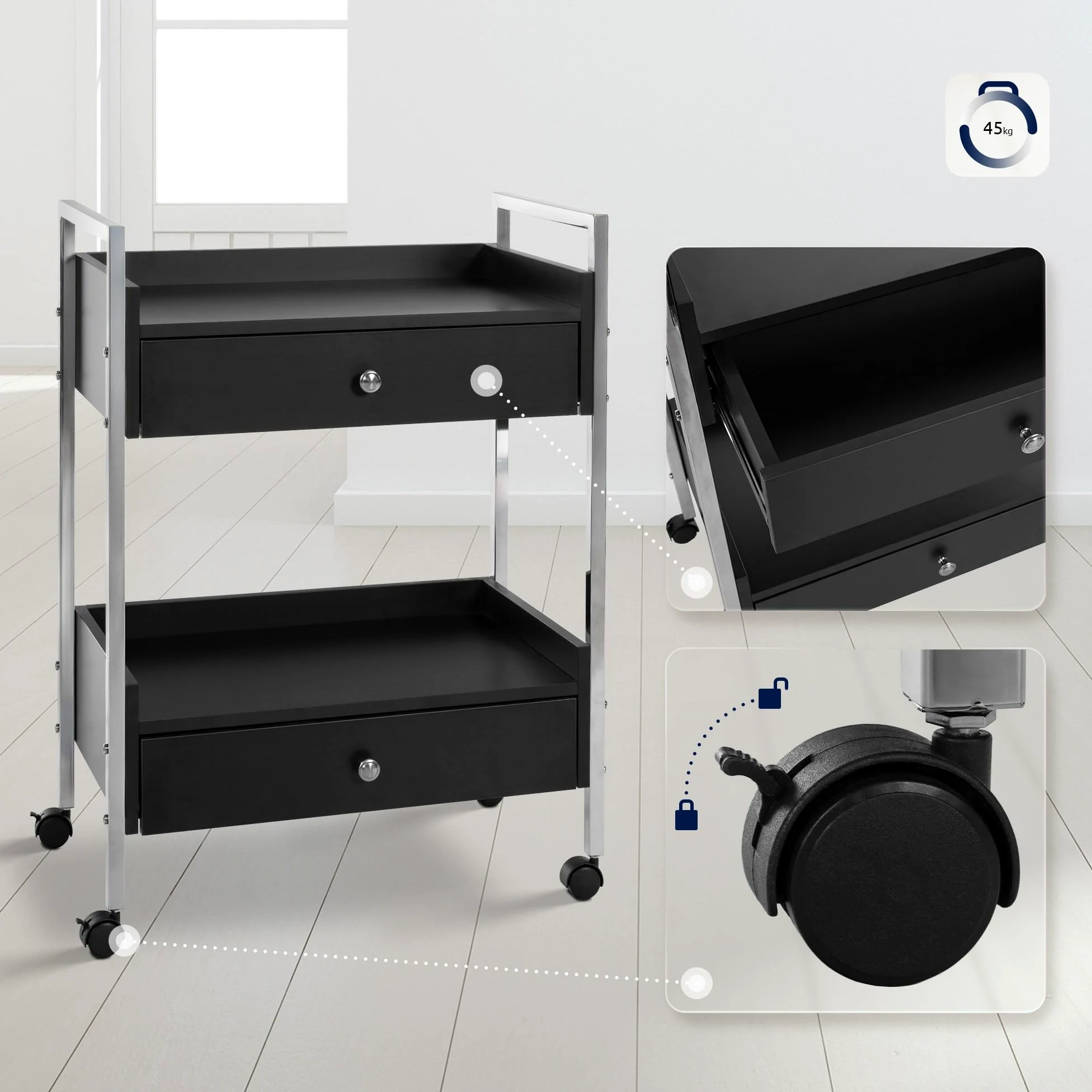 CLP Carrello Multiuso di Lusso I Carrello Multiuso su rotelle I Carrello con Due cassetti e Ripiani, Colore:Nero