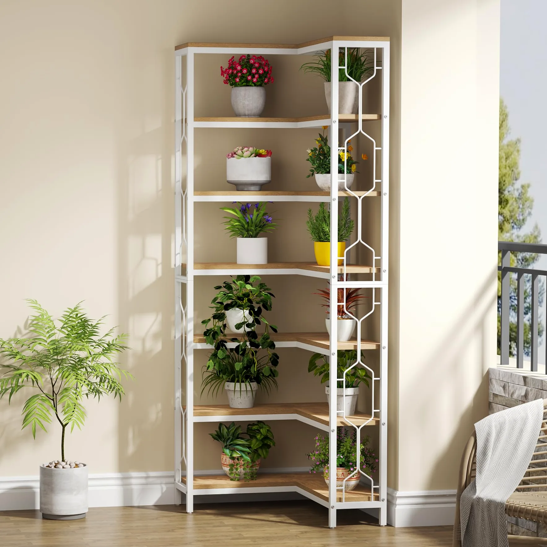 Tribesigns Etagere - Scaffale angolare industriale a 7 ripiani, in legno e metallo, scaffale autoportante per soggiorno, cucina, casa, ufficio, bianco e naturale