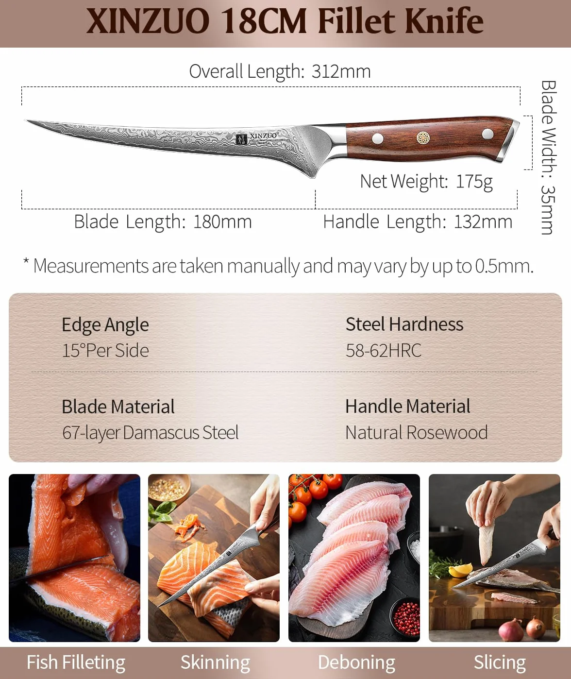 XINZUO Coltello per Sfilettare da Cucina 18cm Acciaio Damasco 67 Strati Manico in Legno di Rosa