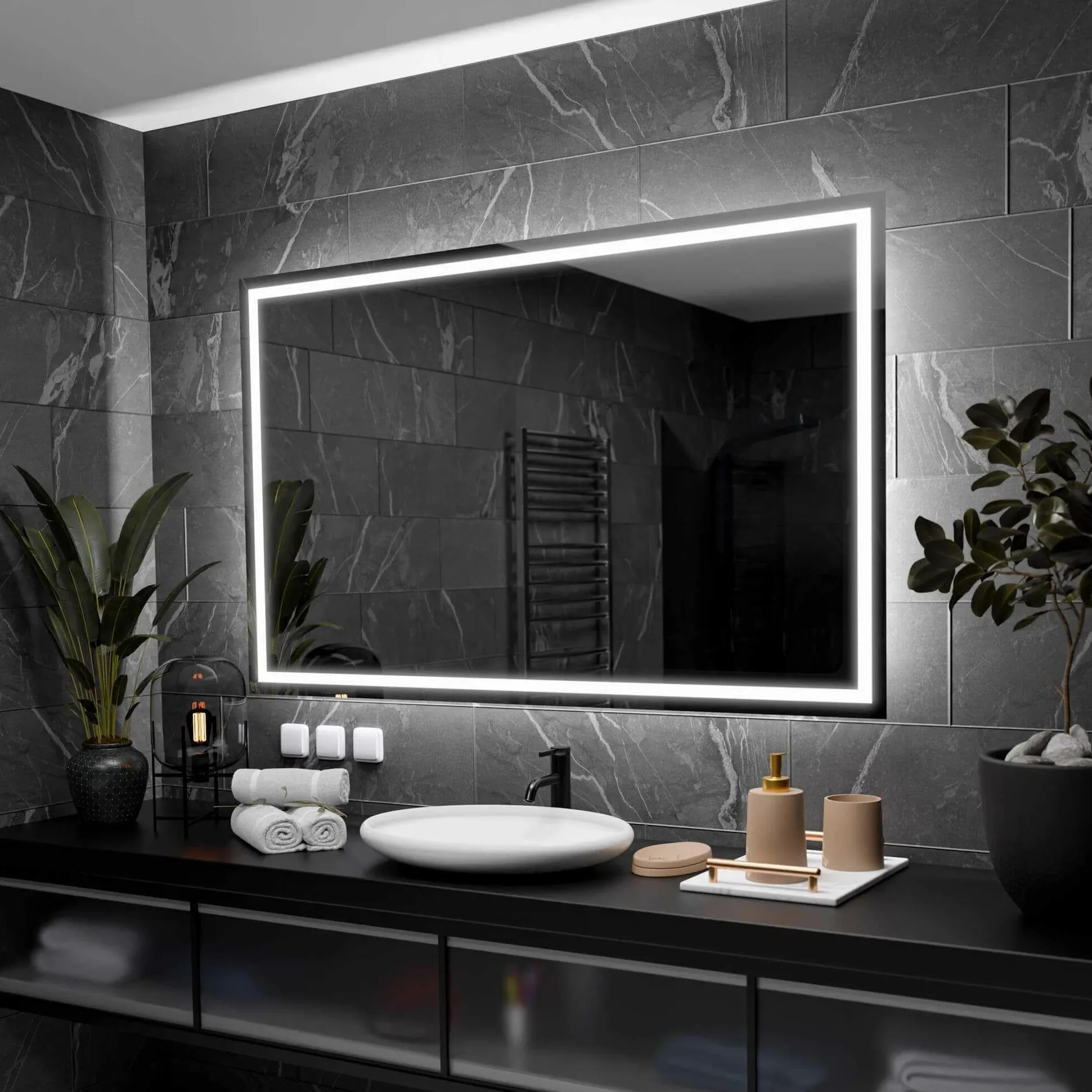 Atlanta Specchio Bagno LED 110x90cm Antiappannamento, Retroilluminato, Personalizzabile, Rettangolare, Selezione Colore Luce