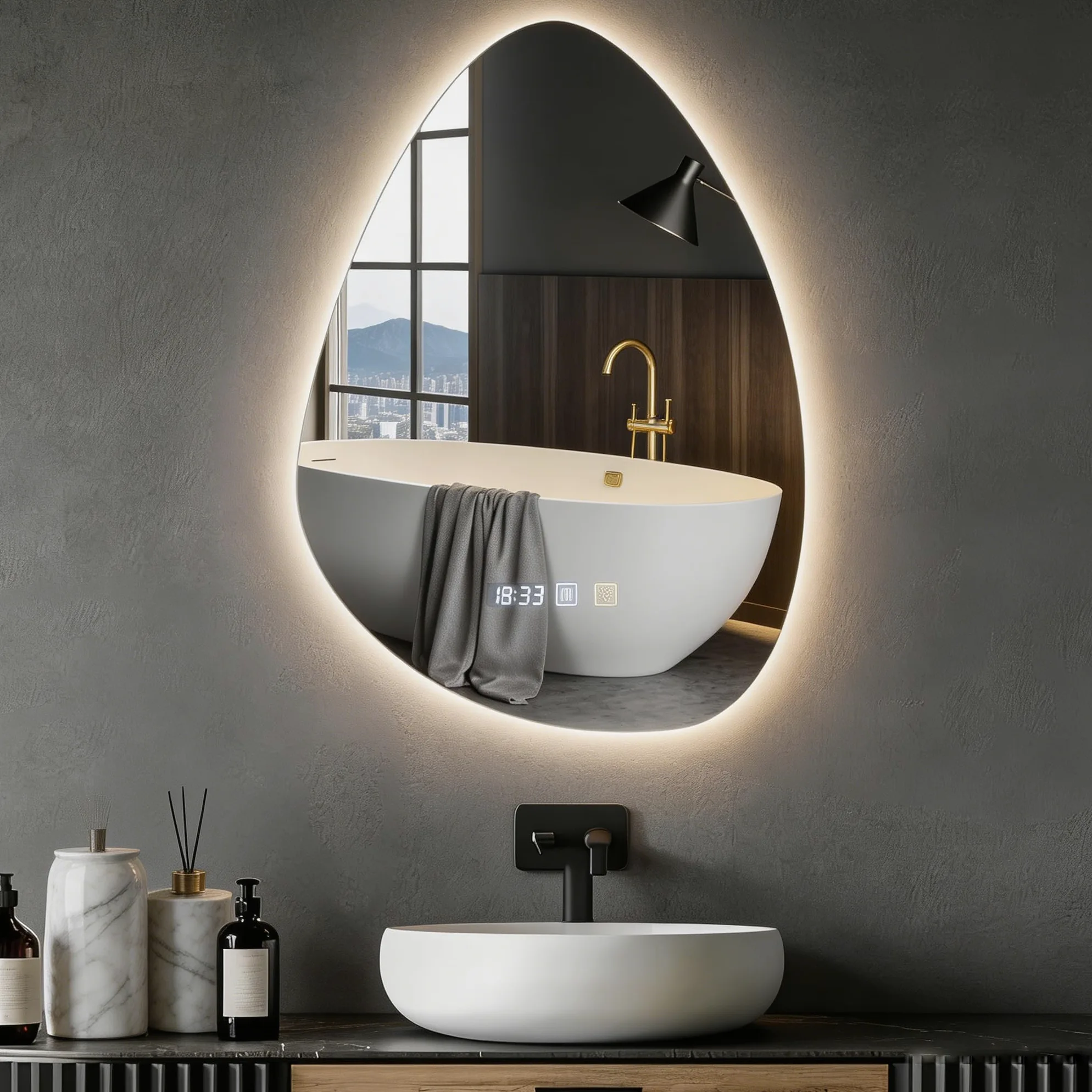 Specchio Bagno con Luce, asimmetrico con illuminazione, 500x700 mm, LED con interruttore touch, anti-appannamento, bianco freddo, 6400K, specchio luminoso a risparmio