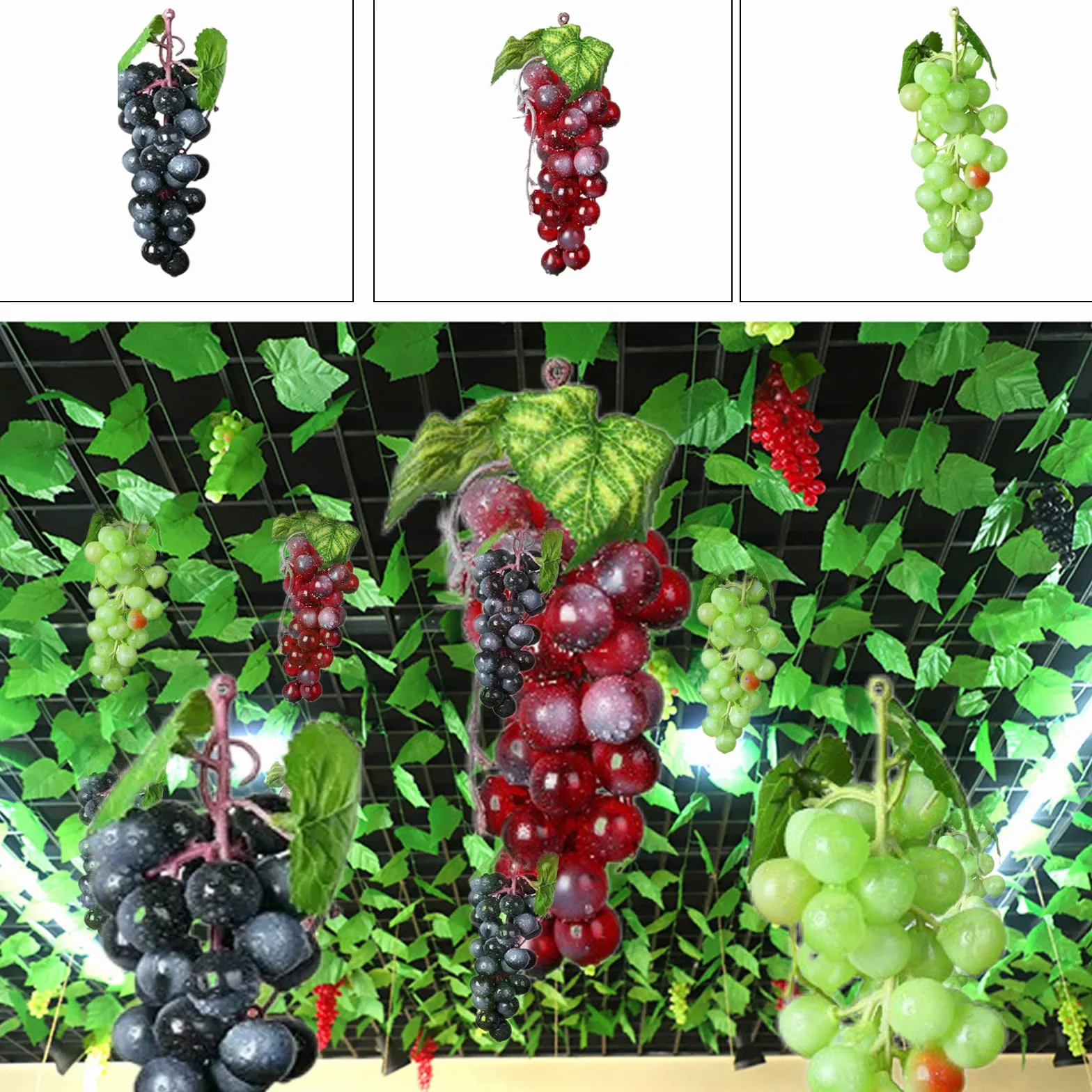 Uva Artificiale Grappoli 3 Pezzi Decorativi, Uva Nera per Decorazione Vino