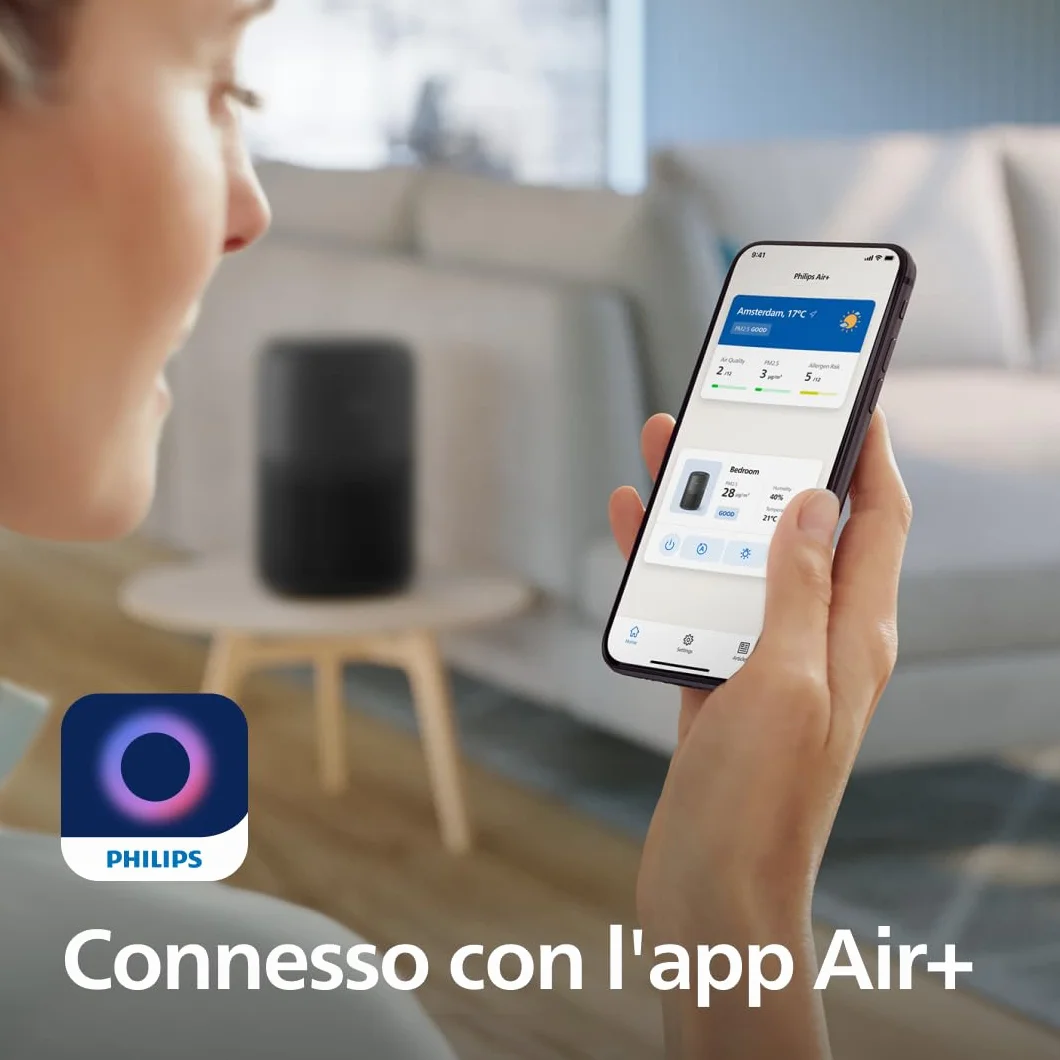 Philips Purificatore d'aria Serie 900, filtro HEPA NanoProtect + carbone attivo, CADR 250m³/h per allergici 65m², silenzioso, intelligente ed efficiente dal punto di vista energetico (AC0951/13)