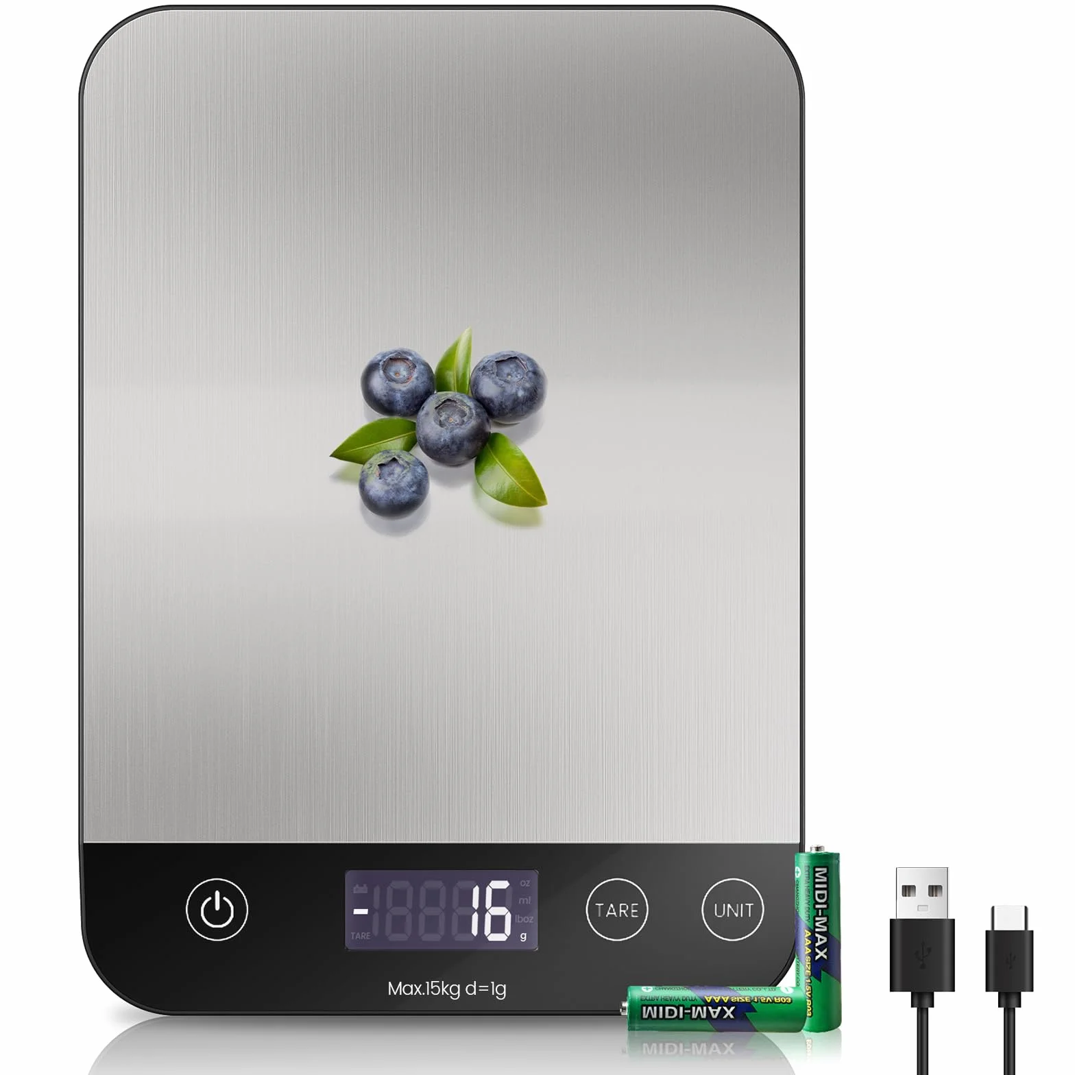 Bilancia Cucina Digitale Ricaricabile 15KG USB C Alta Precisione 1g/0.1oz Funzione Tare