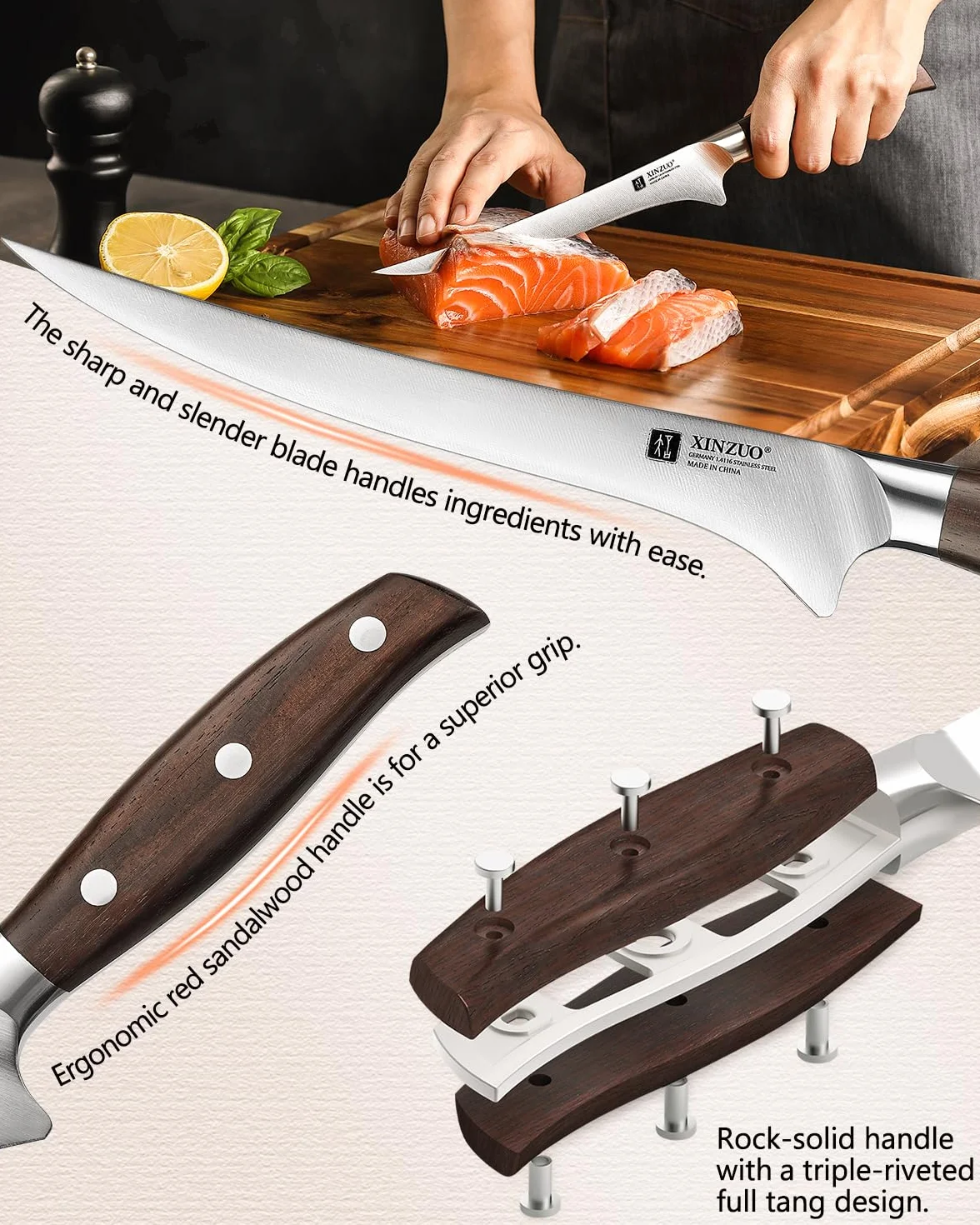 XINZUO 18,1cm Coltello per Sfilettare Acciaio Inossidabile 1.4116 - Coltello da Filetto Cucina Disossare Pesce e Carne - Manico in Red Sandalwood