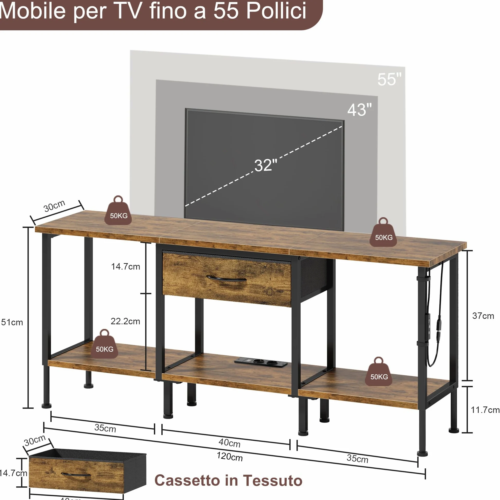 Mobile TV con Presa, Supporto TV con Illuminazione a LED, Cassetto in Tessuto e Ripiani Aperti, 120 cm Mobile TV per TV fino a 55″ per Soggiorno e Camera da Letto, Marrone Rustico