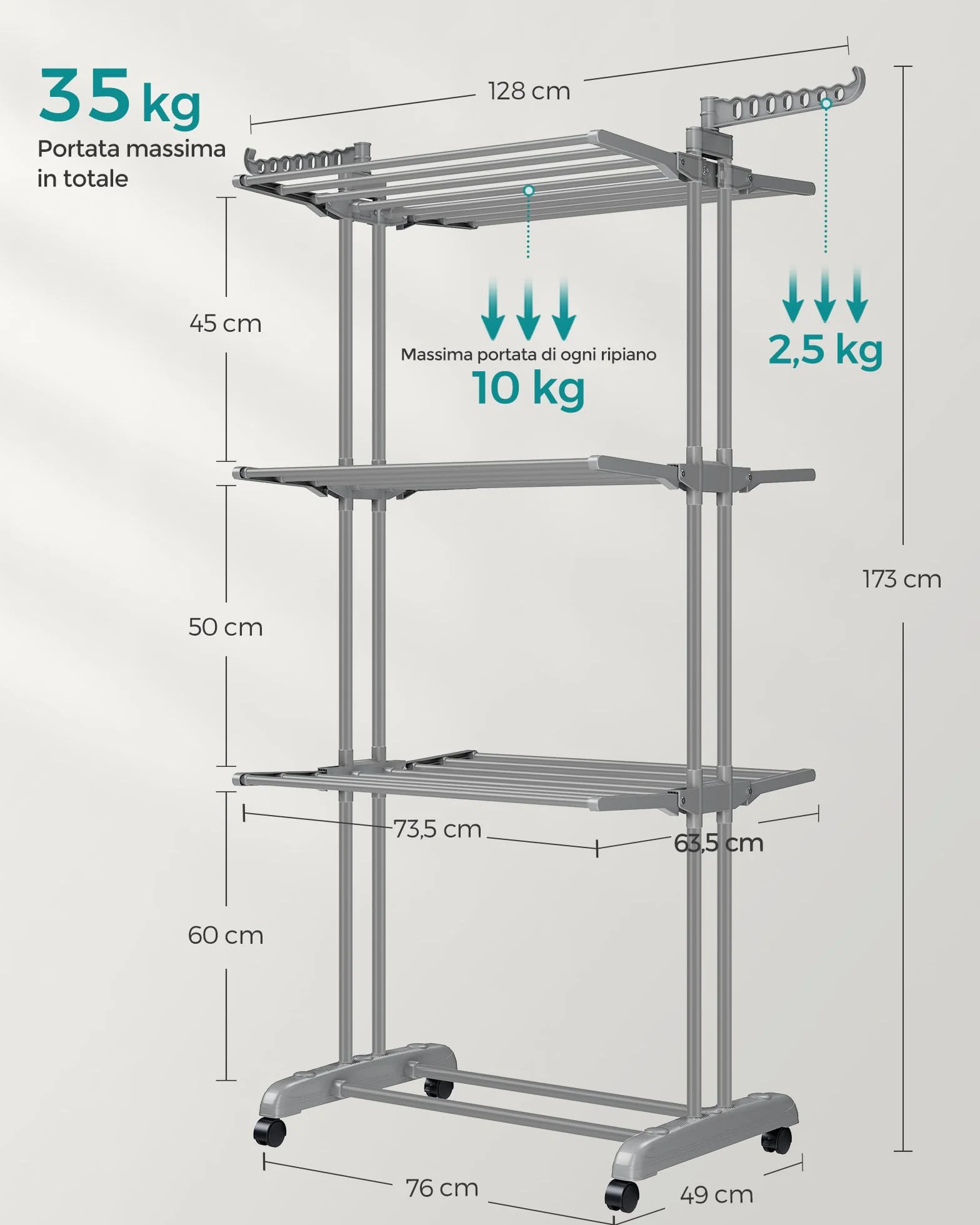SONGMICS Stendibiancheria Pieghevole 4 Livelli con Ruote 63,5x128x173 cm Grigio LLR701G01