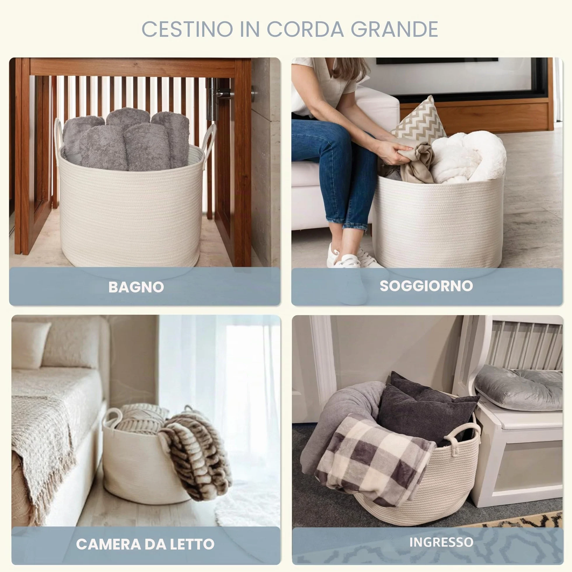 OrganiHaus Cesto XL 50x33cm Bianco – Contenitore Robusto e Morbido in Corda di Cotone per Lavanderia, Asciugamani, Giochi o Plaid