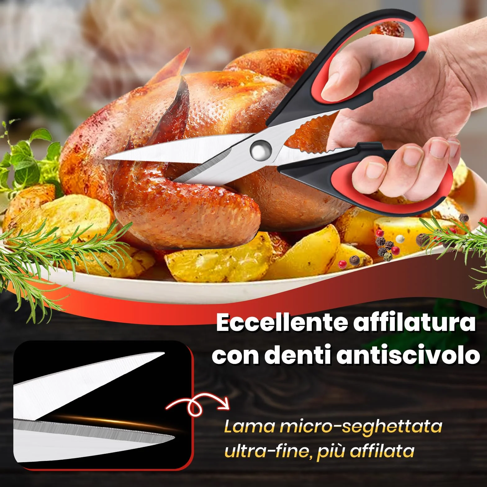 Forbici da cucina acciaio inox 22 cm, Forbici per la casa con bordo seghettato, Affilate multiuso forbici con coprilama e schiaccianoci, Forbici universali di alta qualità Lavabili in lavastoviglie