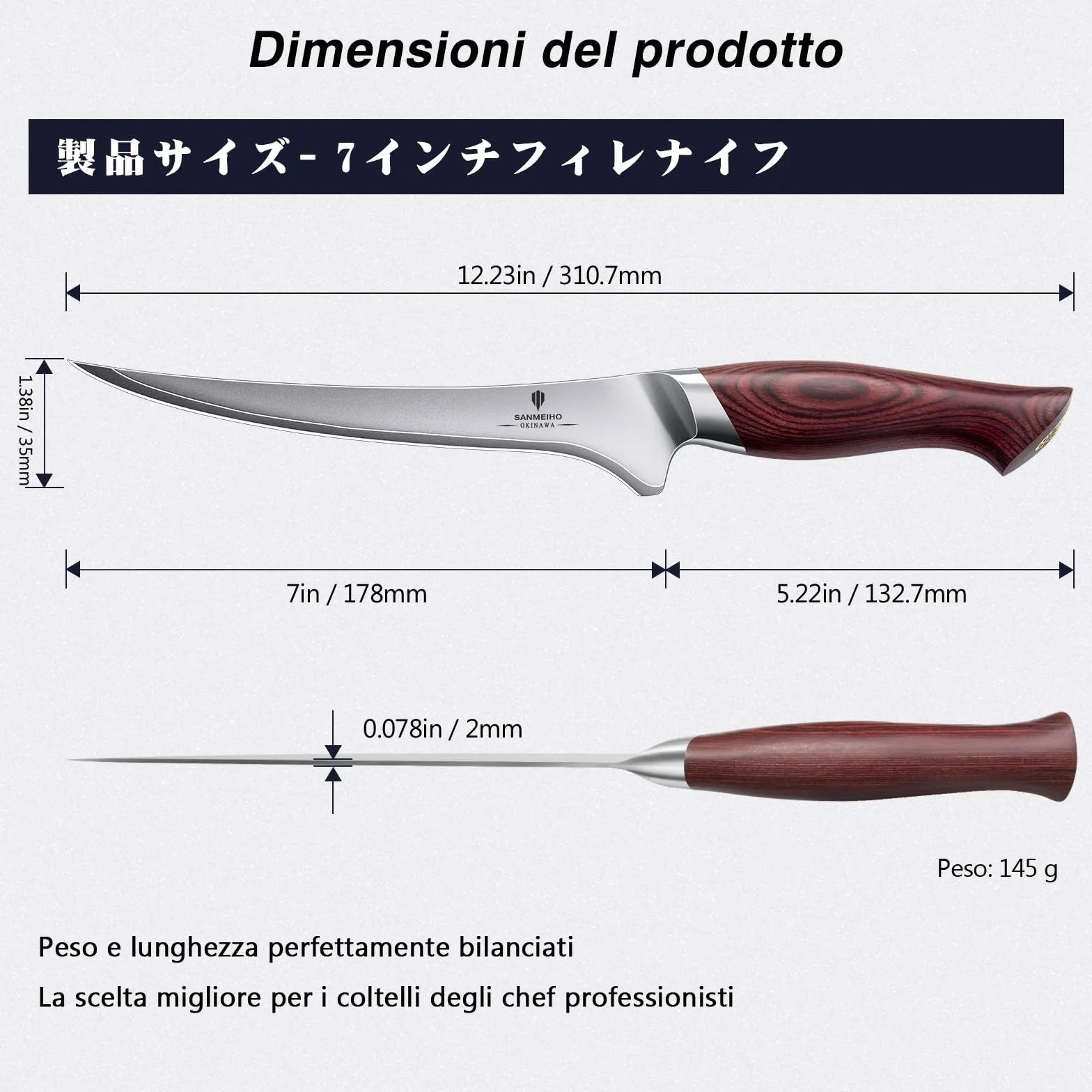 Coltello per Sfilettare 18 cm 10Cr15Mov Acciaio Giapponese Manico Ergonomico Legno di Pakka