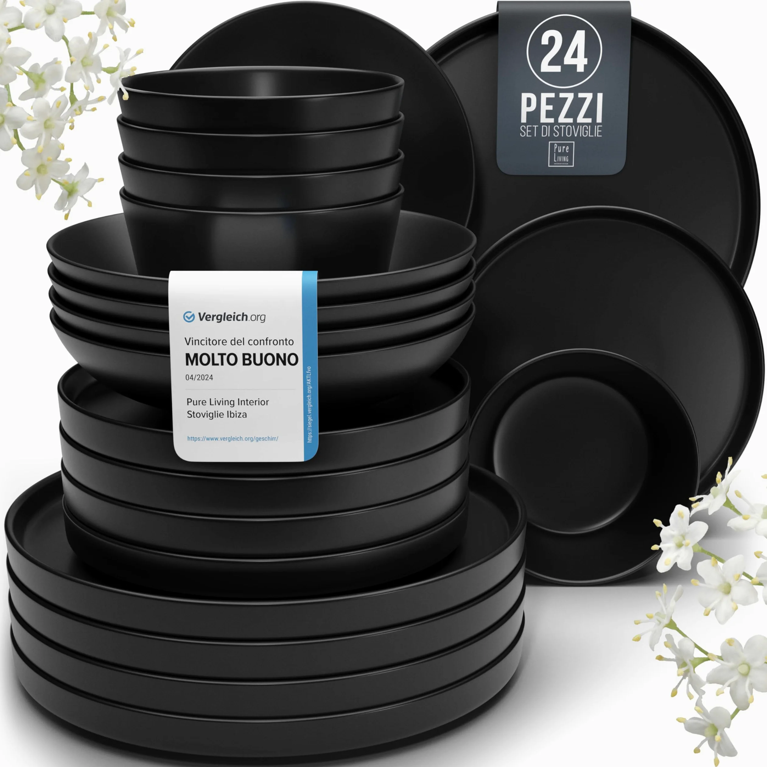 Piatti di Terraglia Neri - Set Piatti Moderni per 6 Persone - Servizio Piatti 24 Pezzi Manhattan - Piatti Terraglia Nero Opaco - Lavabile in Lavastoviglie e Adatto al Microonde - Pure Living