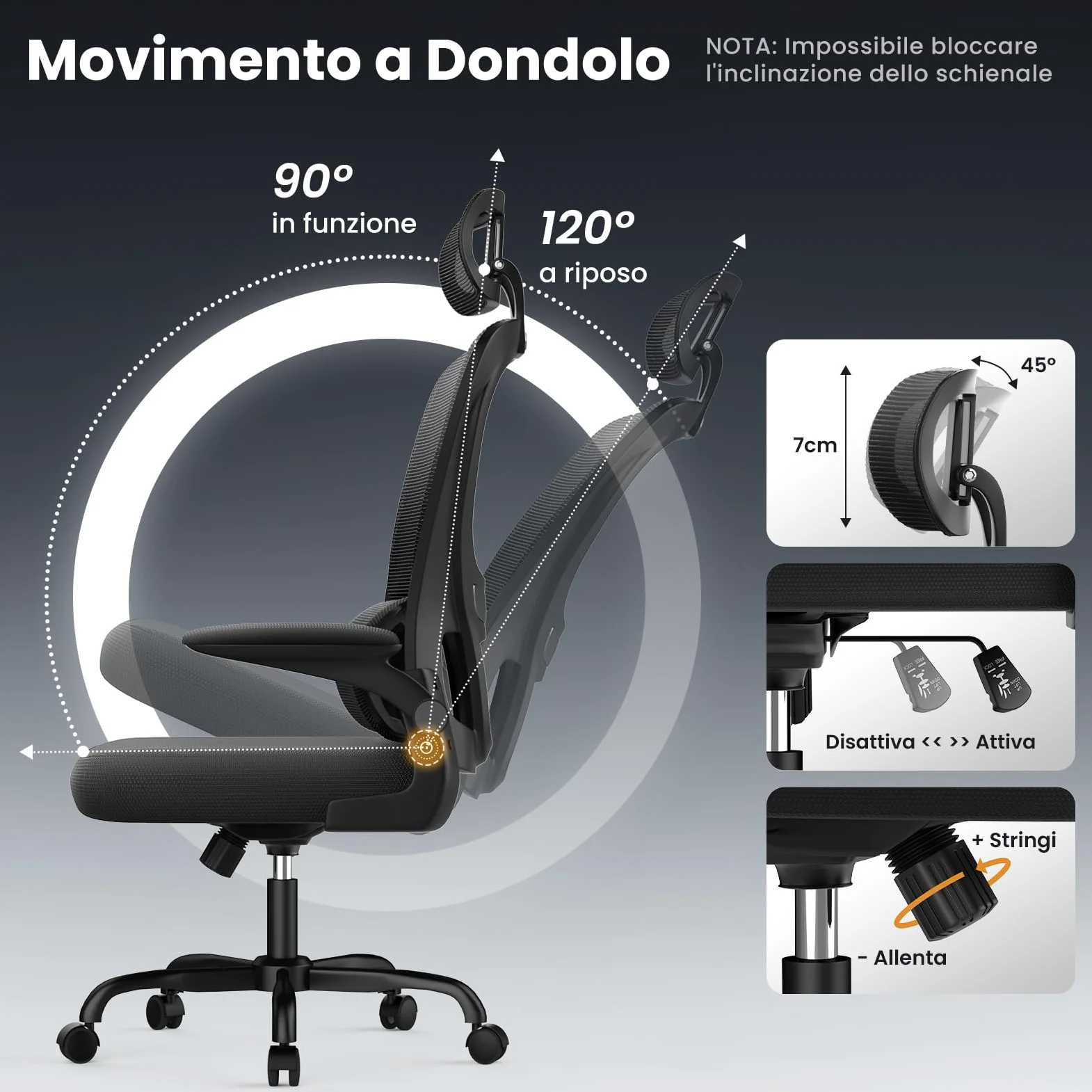 naspaluro Sedia Ufficio Ergonomica, Sedia Scrivania Con Supporto Lombare a Forma Di C, Schienale E Poggiatesta Regolabili, Braccioli Reversibili, Sedile in Rete Traspirante per L'ufficio, Nera