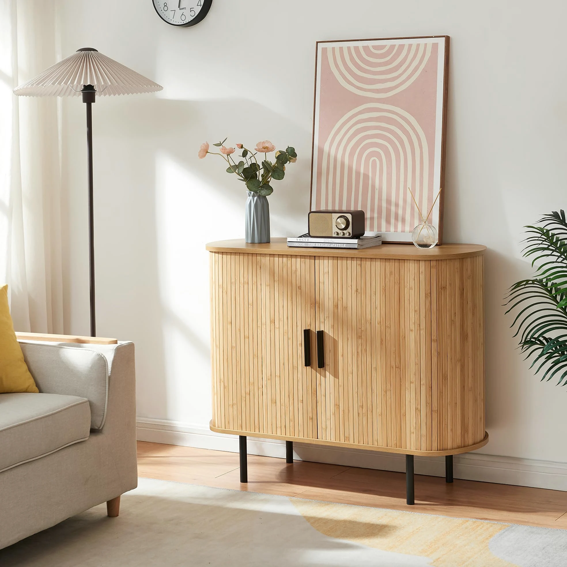 [en.casa] Mobile Multiuso a 2 Ante Scorrevoli in Bambù Scarpiera con 3 Ripiani Vani Portascarpe Comò Stretto Piano Ovale per Ingresso Soggiorno Camera da Letto 100x40x80 cm - Naturale/Nero