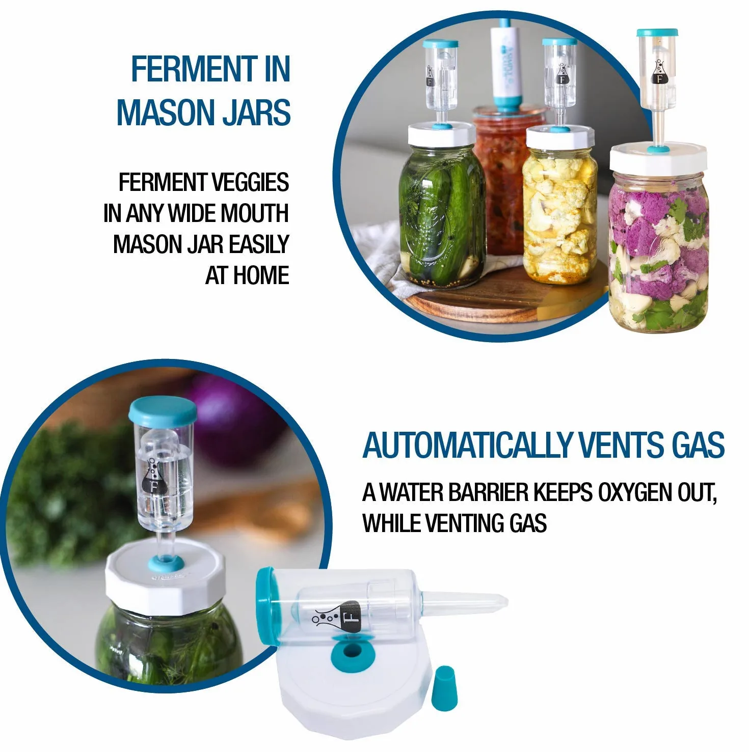 Sistema Sauer di Fermentazione con Chiusure Ermetiche - Coperchi, Gommini, Guarnizioni, Tappi - per Barattoli Mason a Bocca Larga - Confezione da 4