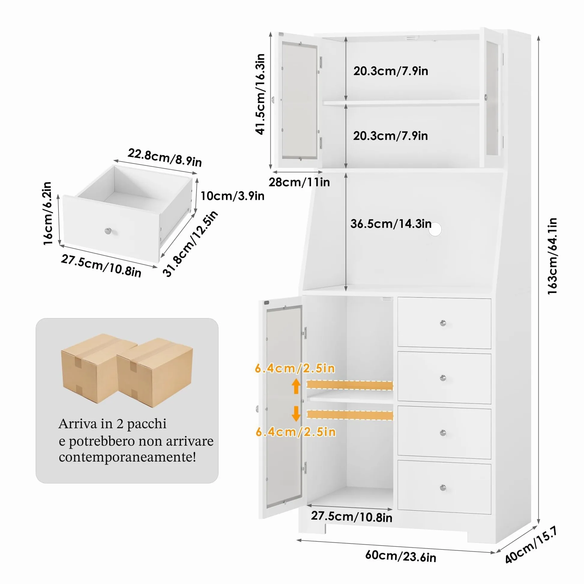 HOCSOK 163cm Credenza Cucina Alta, Dispensa Cucina Mobile Alto con 4 cassetti, Mobile Multiuso con Scaffale per Microonde Per Soggiorno, Sala da Pranzo, Bar, Bianco