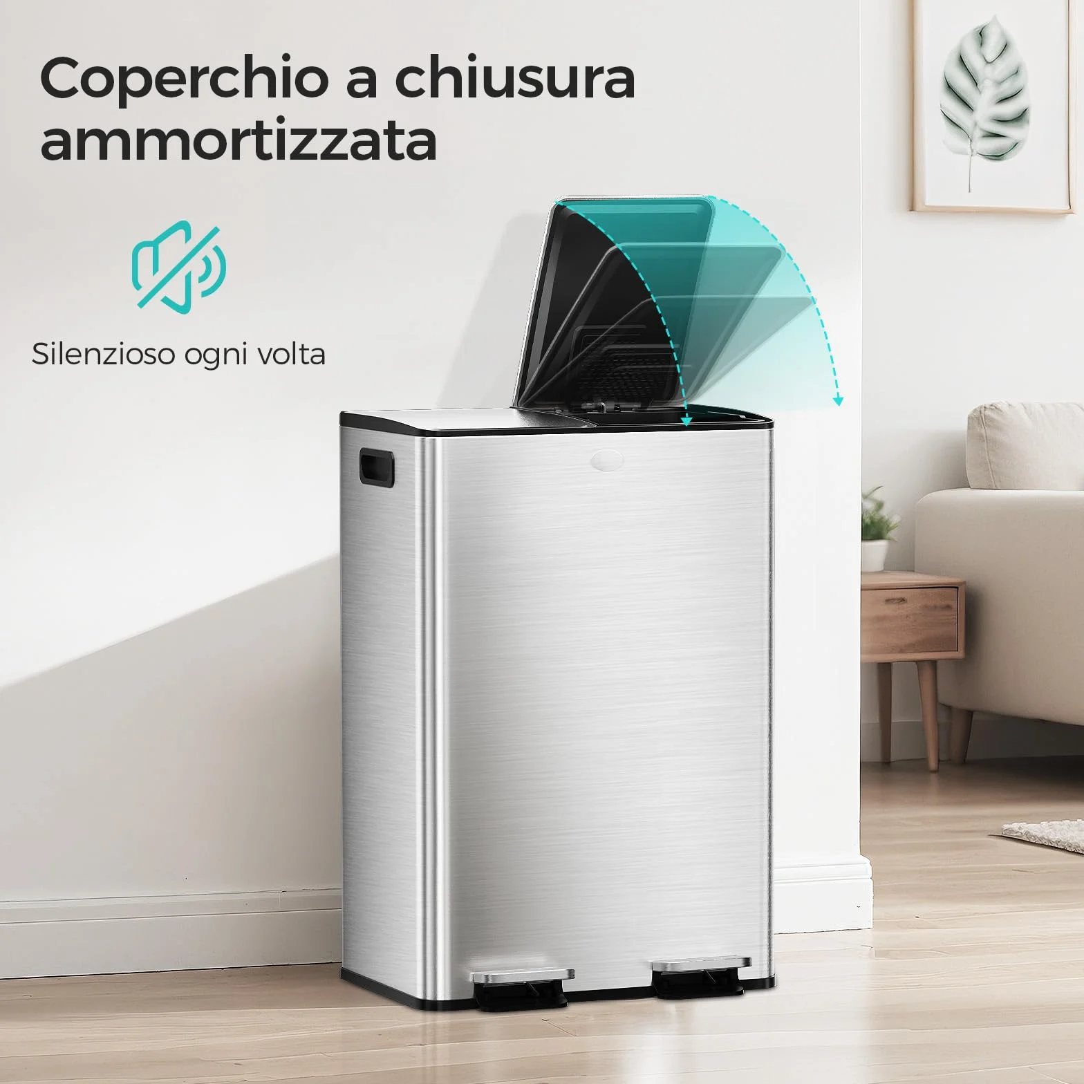 YASHE Pattumiera a Doppio Scomparto con Coperchio, 2x30L Pattumiera Differenziata per Cucina, Pedale con 20 Sacchetti, Secchi Interni Rimovibili, Soft-Close e 2 Filtri al Carbone