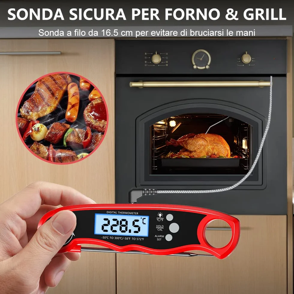 CIRYCASE Termometro Cucina a Lettura Rapida con Sonda da 102cm LCD per Forno BBQ Carne