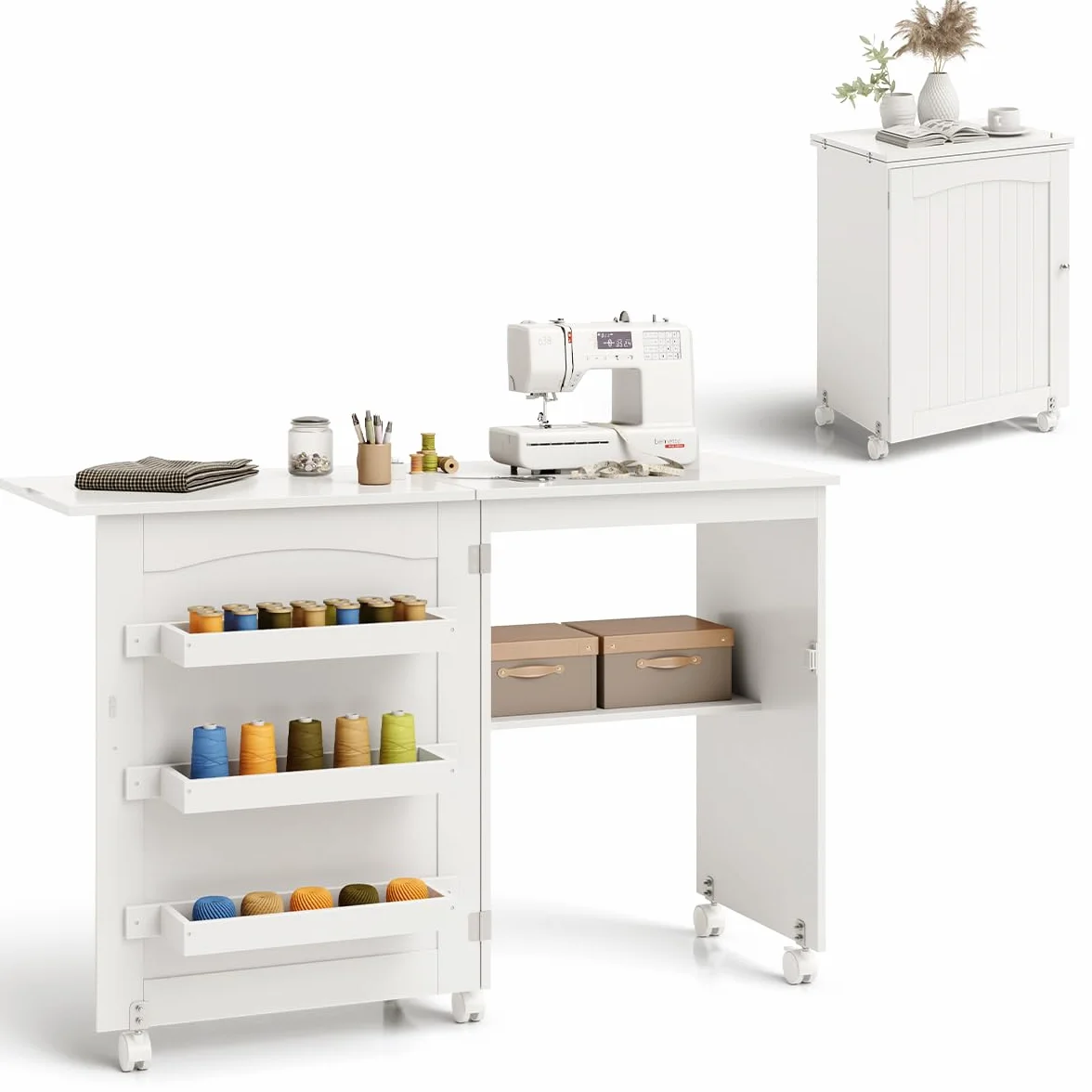RELAX4LIFE Mobiletto per Macchina da Cucire Pieghevole su Ruote Bloccabili, Tavolo da Cucito in Legno con Ripiani Portaoggetti, Tavolino Cucito Multiuso da Studio e Salotto, 117,5x 40x 77cm (Bianco)