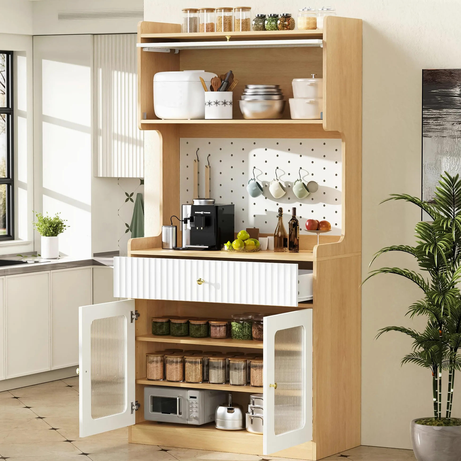 MURUL Highboard naturale/bianco, con LED, vetro scanalato, ripiani regolabili e cassetti, ideale per cucina, sala da pranzo e soggiorno