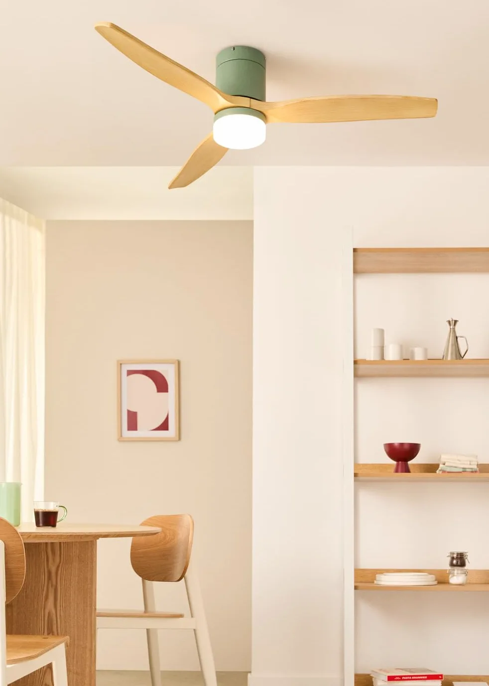 CREATE / WINDCALM M/Ventilatore da soffitto ABS con luce verde sage pale effetto legno chiaro e telecomando / 40W, Silenzioso, Ø132 cm, 3 temperature di luce, temporizzatore, funzione estate-inverno