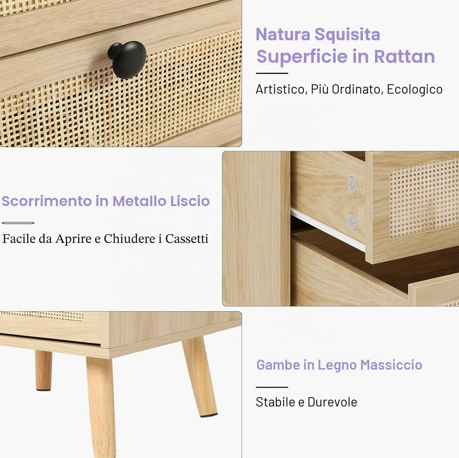 AOGLLATI Comodino Rattan Set di 2 con 2 Cassetti e Scomparto Aperto, Comodino Piccolo con Luci LED, Comodini in Legno Tavolo Laterale Stretto con Gambe in Pino per Soggiorno, Camera da Letto