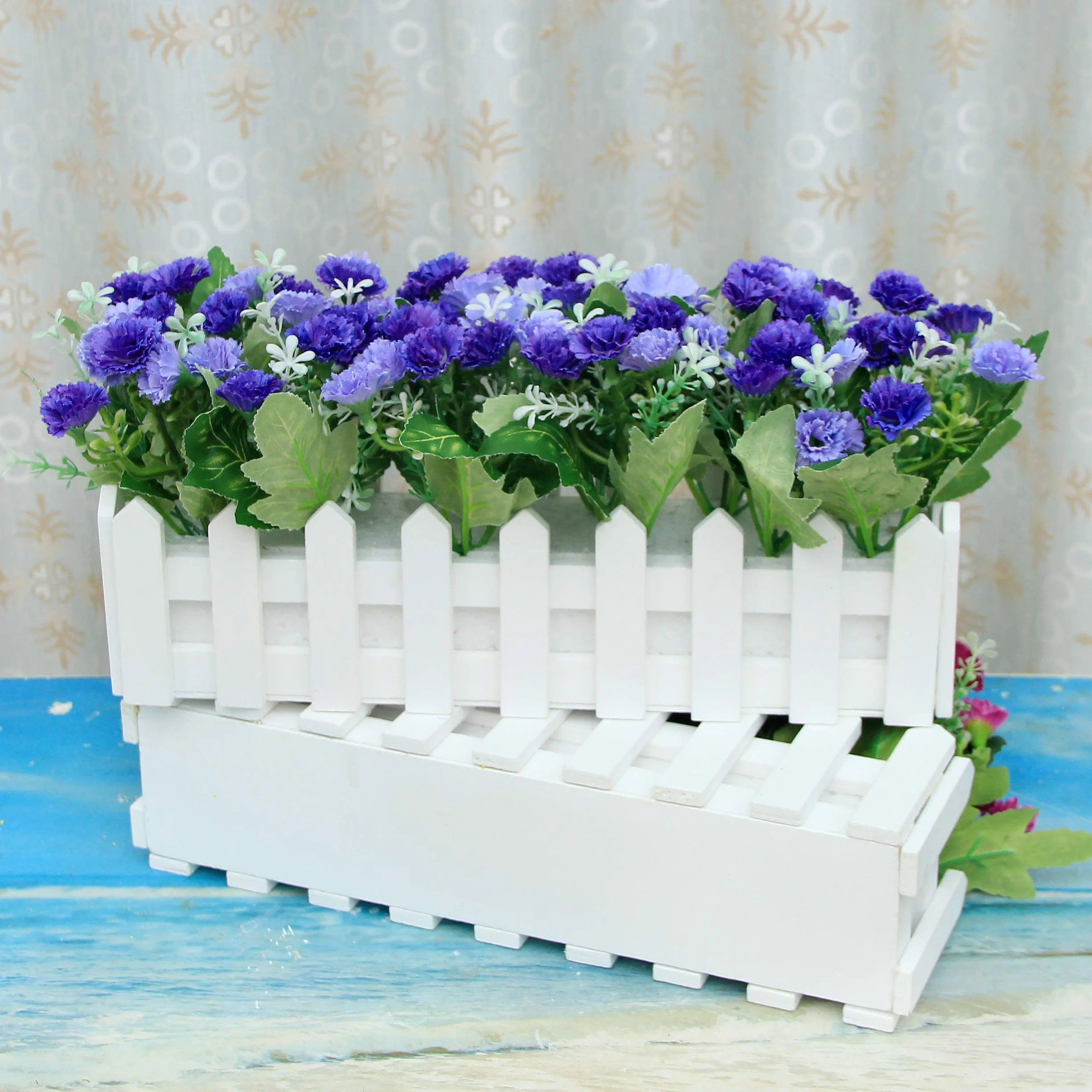 Garofani Fiore Artificiale con Recinto Faux Carnations Piante Artificiali in Vaso Simulazione Potted Bonsai Ornamenti Decorazioni Festa Casa Balcone Ufficio Nozze 30 * 7.5 * 15 cm - Blu