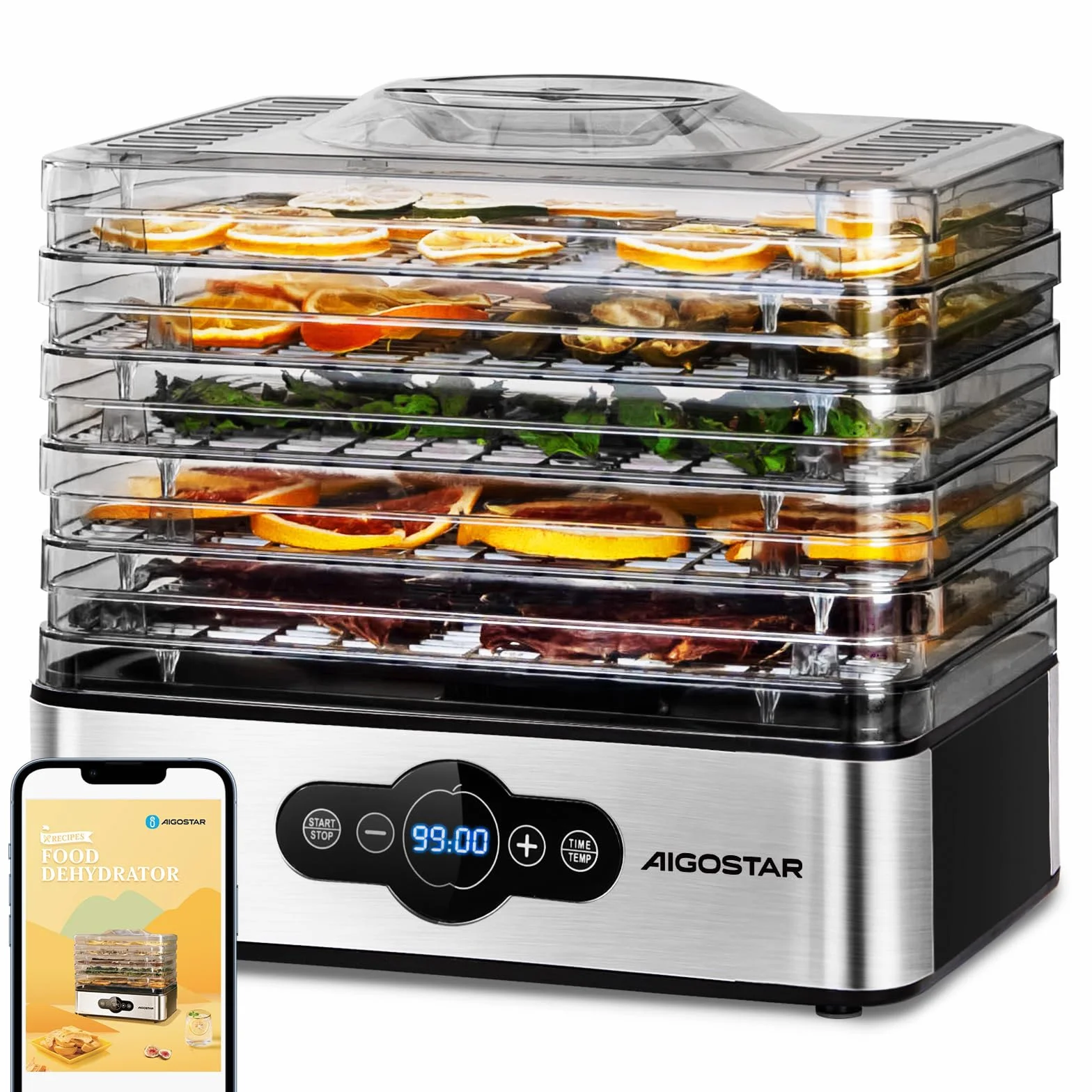 Aigostar Crispy - Essiccatore alimentare, 240W, 5 vassoi, essiccatura automatica, ottimo per frutta, carne, verdura ecc. controlli digitali, impostazione manuale di tempo e temperatura. Senza BPA.