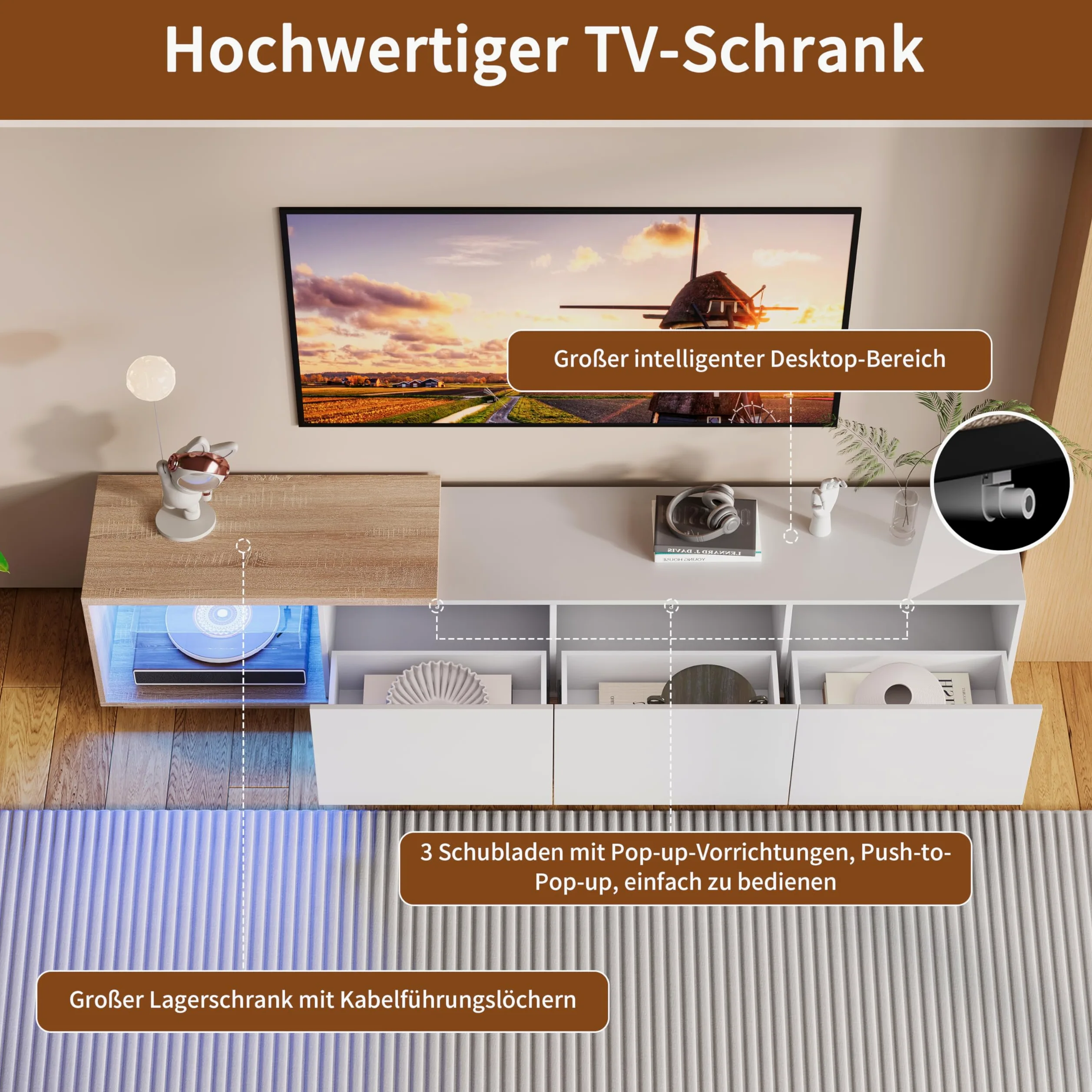 BRILVERDE Credenza TV Regolabile Moderna 163-240 cm, Bianco con Luci LED, 3 Cassetti - Mobile Soggiorno a Bassa Altezza, Finitura Lucida Effetto Legn (Bianco)
