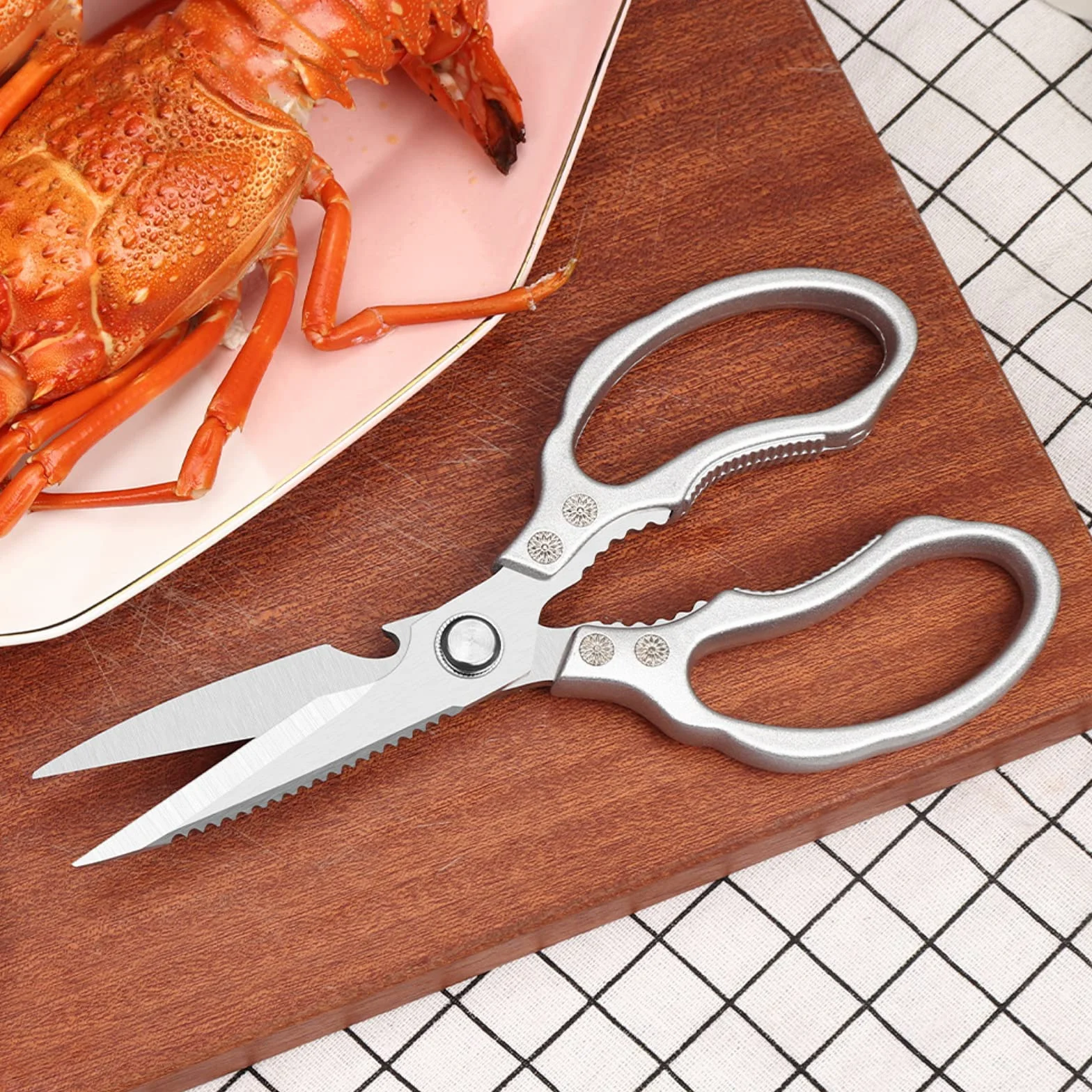 Forbici da Cucina Resistenti,5 in 1 Trinciapollo Multifunzionali in Acciaio Inox,25cm Impugnatura Ergonomica e lame in titanio,per Casa Uso,Osso di Pollo,Carne,Verdura,Pollame,Pesce,Erbe,Noci,Argento