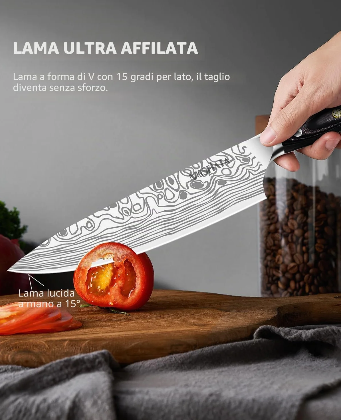 MOSFiATA Coltelli da Cucina Professionale Chef con Fodero, Protezione del Dito e Affilatore, in Acciaio Inossidabile con Manico Micarta - 20CM