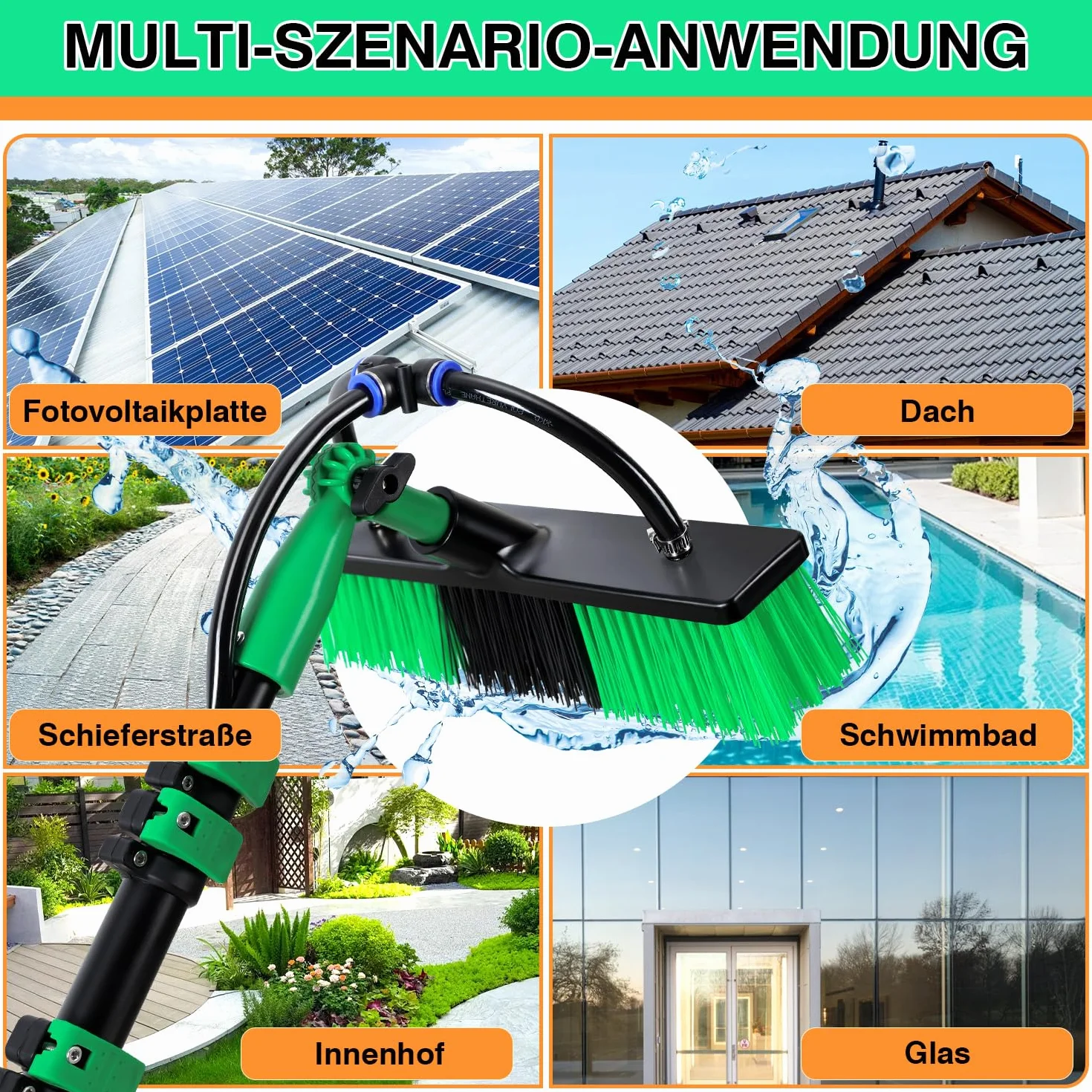 Spazzola telescopica con manico telescopico 4,8 m, scopa d'acqua con manico telescopico in alluminio, spazzola telescopica 2 in 1 con attacco per acqua, pulizia del tetto della terrazza, asta