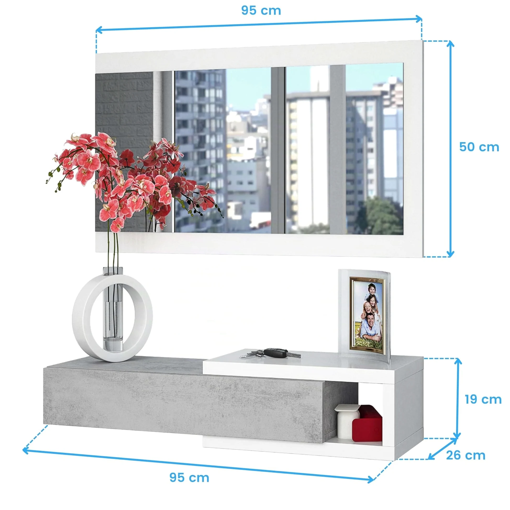 Habitdesign Ingresso con cassetto e specchio, mobile da ingresso, modello mezzogiorno, rifinito in bianco Artik e cemento, misure: 95 cm (larghezza) x 19 cm (altezza) x 26 cm (profondità)