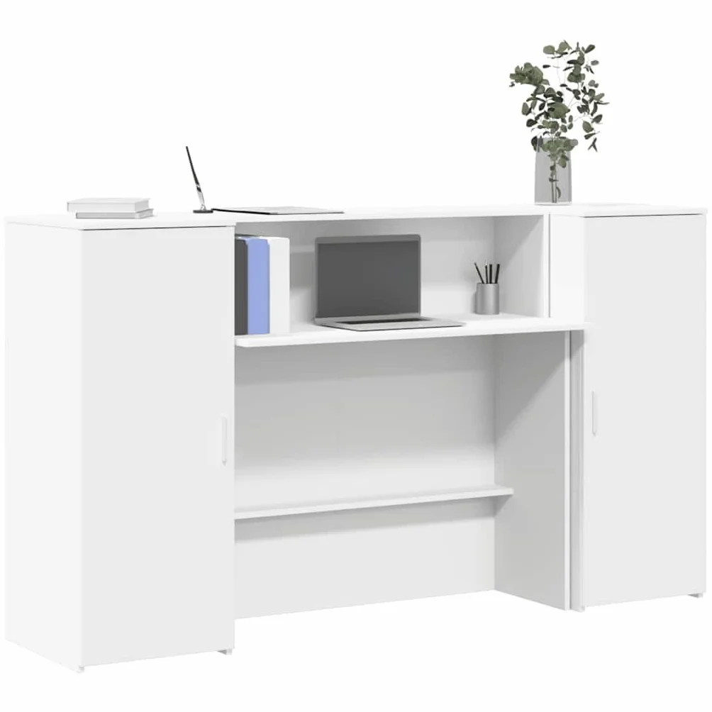 Bancone per ricevimento, bianco, 180 x 50 x 103,5 cm, in legno, moderno bancone con 2 armadi e ripiano per bancone per ufficio, hotel, prassi e saloni di bellezza