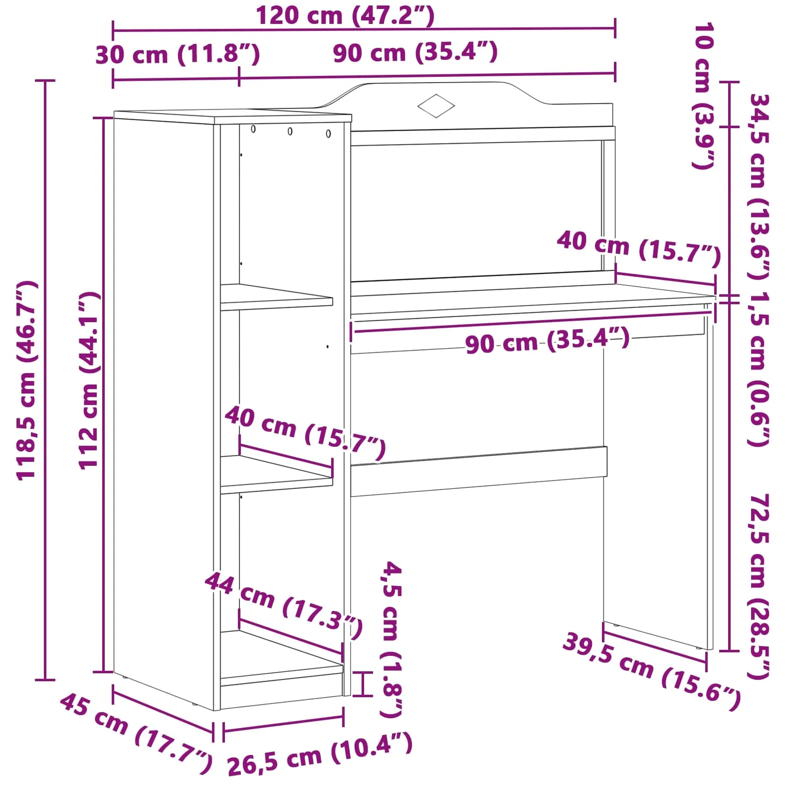 ROROS - Scrivania con ripiano aperto e lavagnetta in legno, 120 x 45 x 118,5 cm, colore: Bianco
