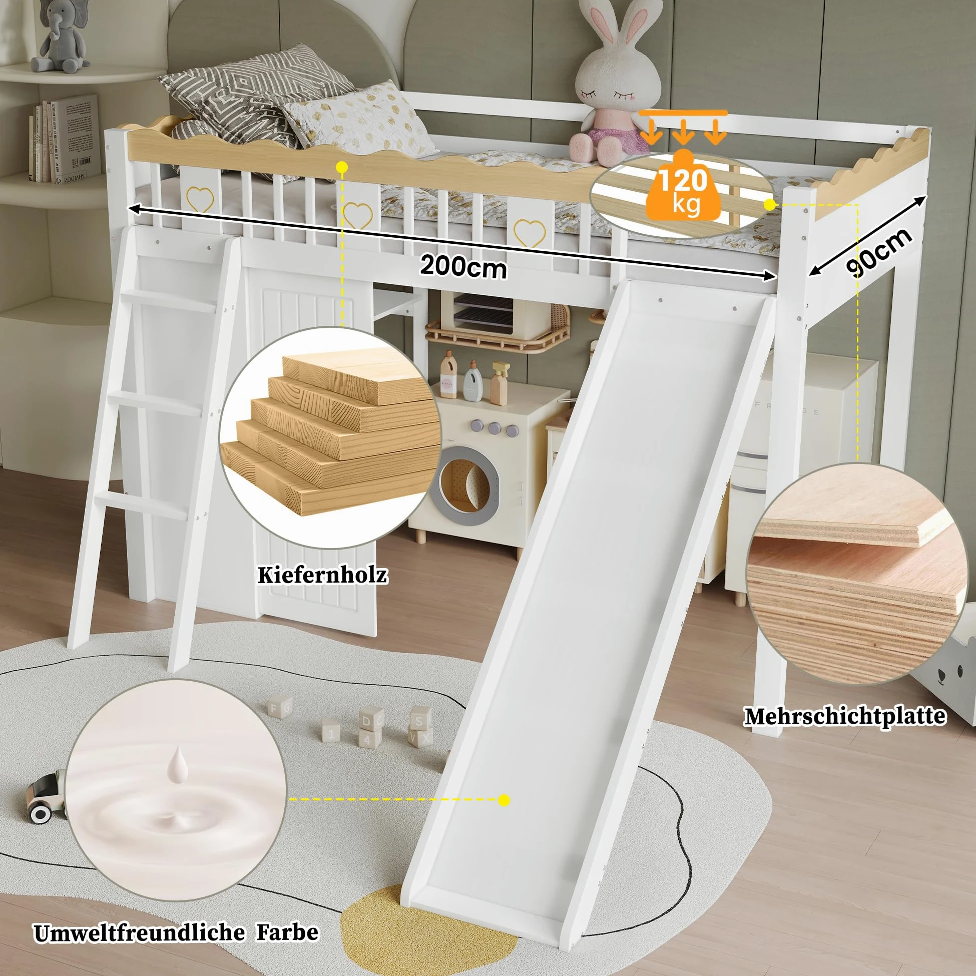 Azkoeesy Letto a Soppalco per Bambini con Scivolo, Scala Inclinata, Armadio, Mensole Librarie Integrate, Parapetto di Sicurezza Ondulato, in Pino Massiccio, Bianco, 90x200 cm
