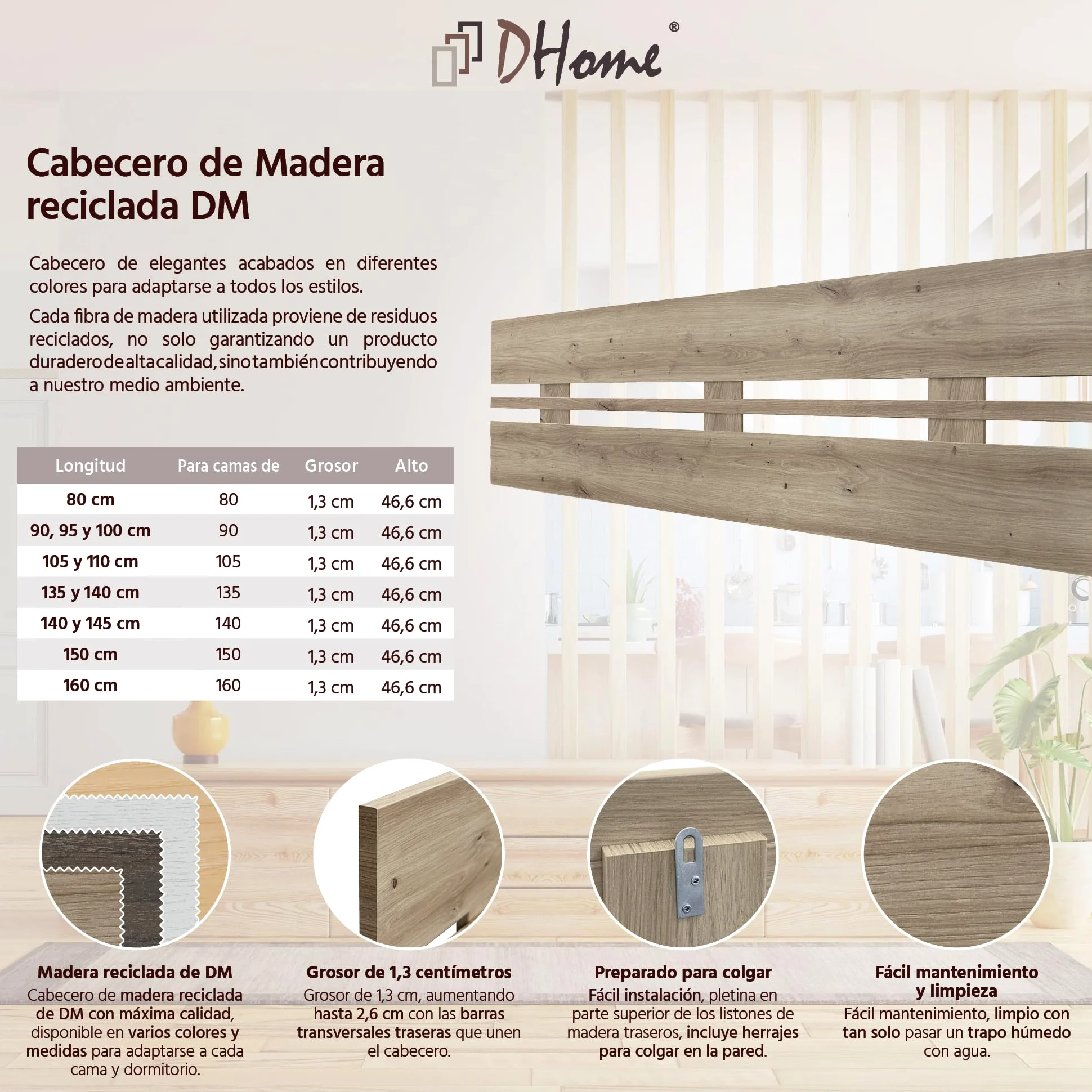 DHOME Testiera in Legno Riciclato MDF Orizzontale Larga per Letto con Pallet Ferramenta Inclusa (160x46 Orizzontale Larga, Rovere)