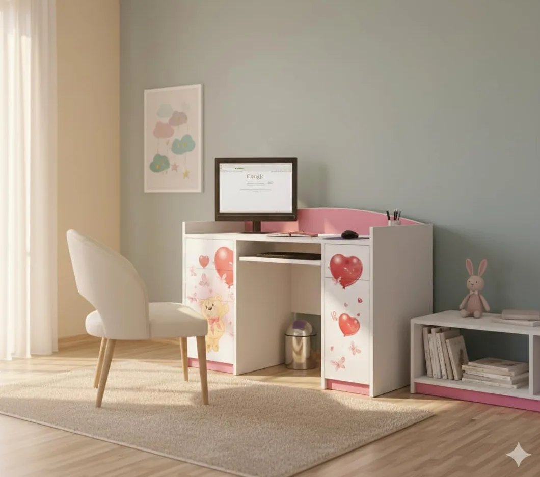 Happy Babies Scrivania per bambini con 5 cassetti, colore bianco, blu, 125 x 89 x 60 cm, scrivania per computer con ripiano per tastiera, per cameretta dei bambini, motivo orsacchiotto