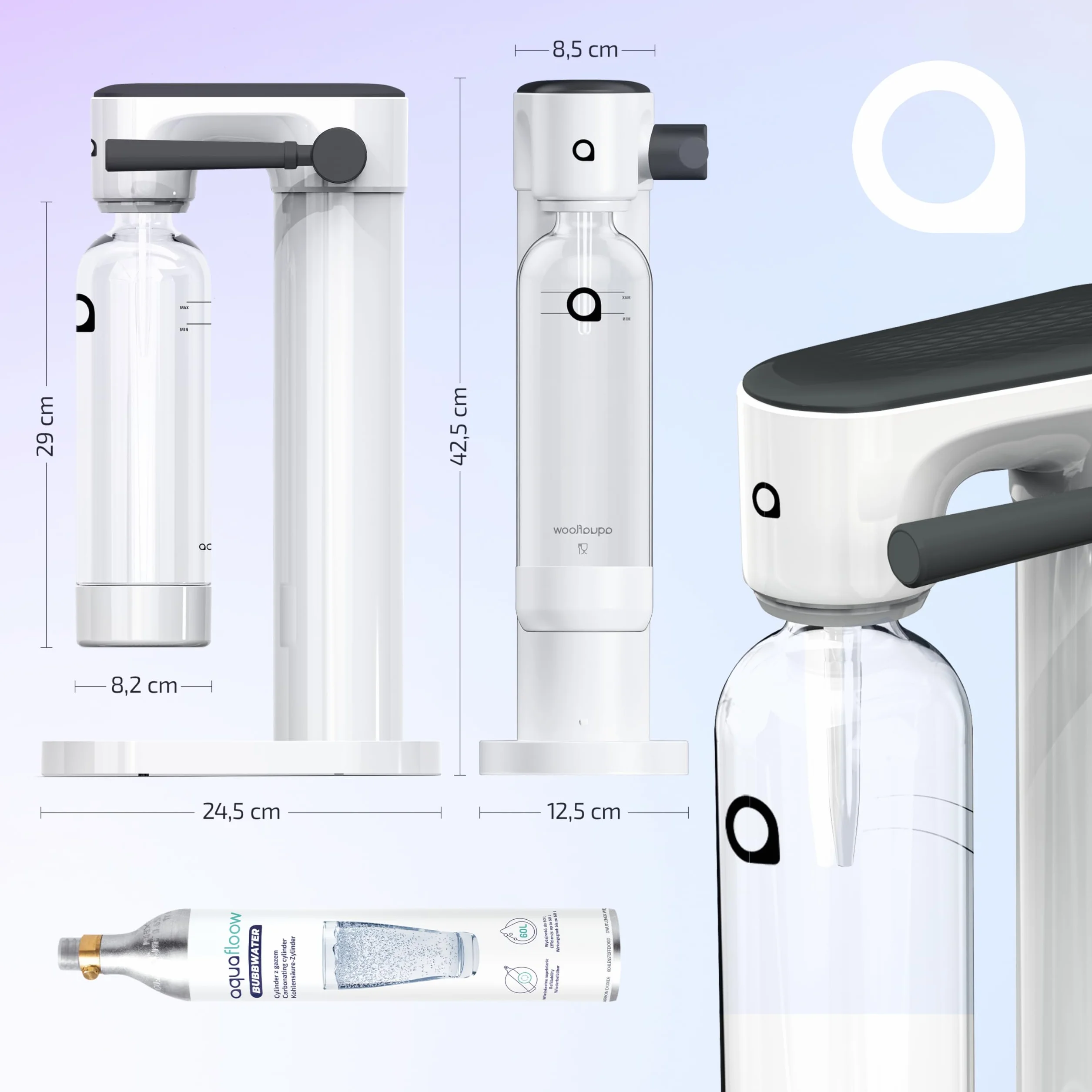 Aquafloow Gasatore per Acqua con Cilindro CO2 2 Bottiglie 800 ml senza BPA – Macchina per Acqua Frizzante senza Elettricità Design Elegante