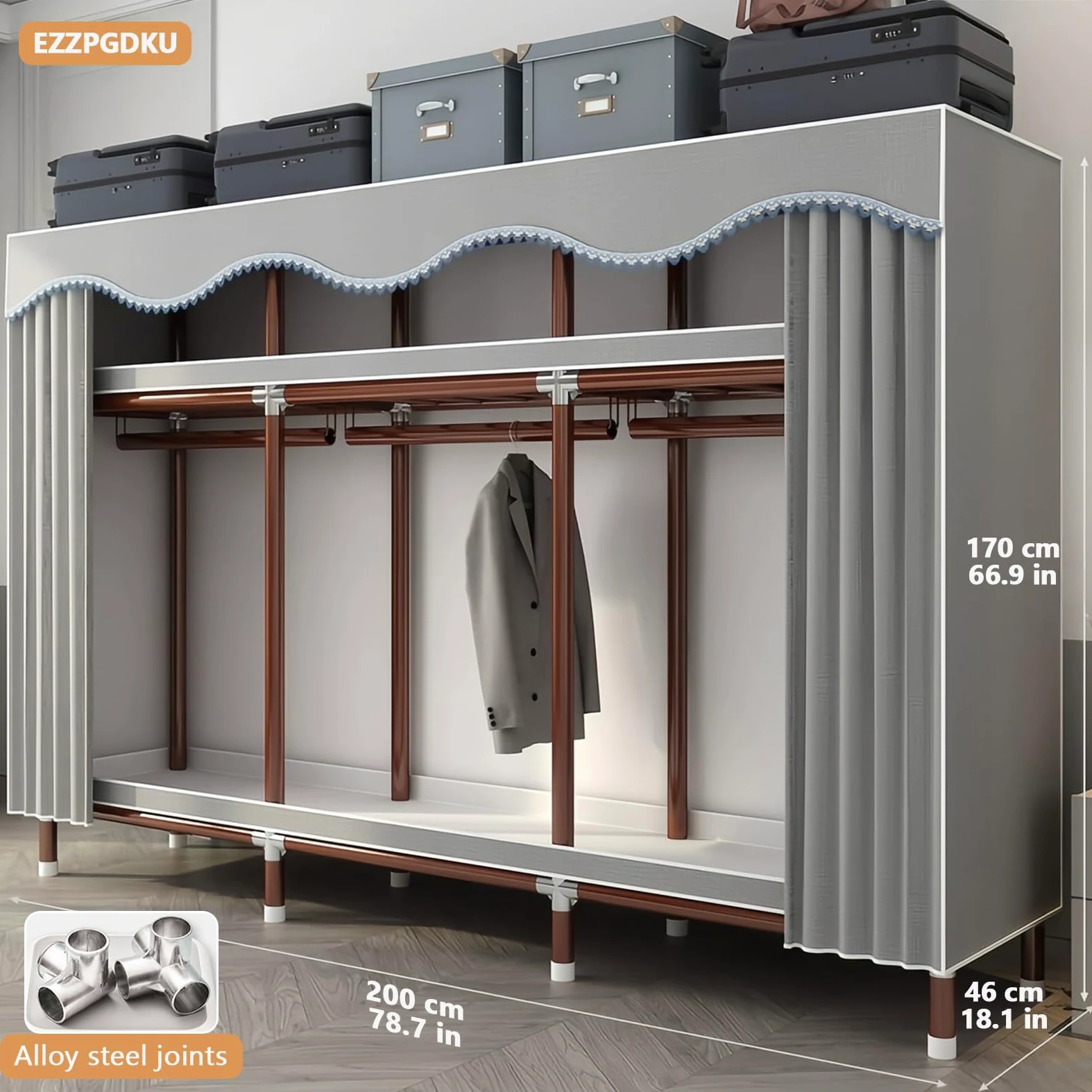 Armadio in Tessuto, Armadio Salvaspazio Guardaroba, Armadio Portatile Grigio, Armadio Guardaroba per Camera da Letto, Tubo in Acciaio per Elettroforesi Verniciato da 25 mm, 200 x 46 x 170 cm