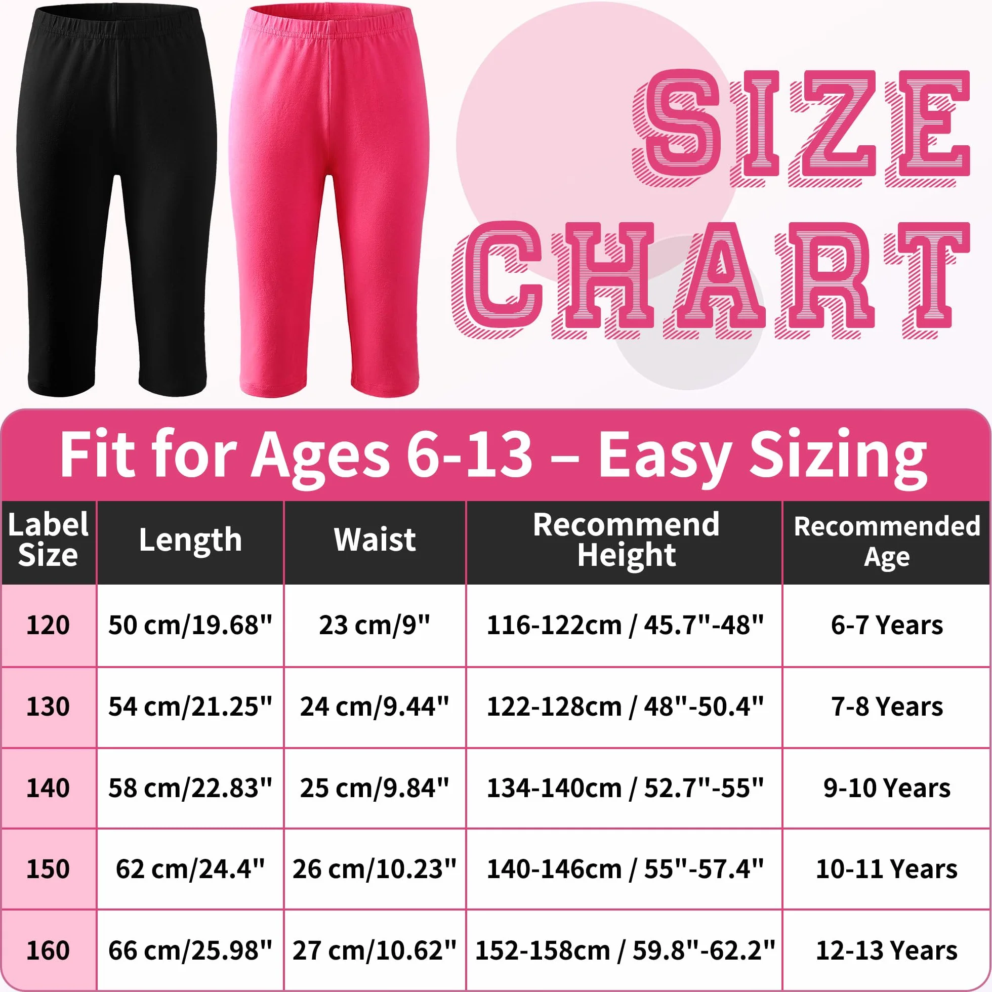 Leggings Bambina 3/4 Cotone Pacco da 2 Ragazza Morbidi Traspiranti Elasticizzati Capri Estivi Ginnastica Casual Tinta Unita 6-13 Anni