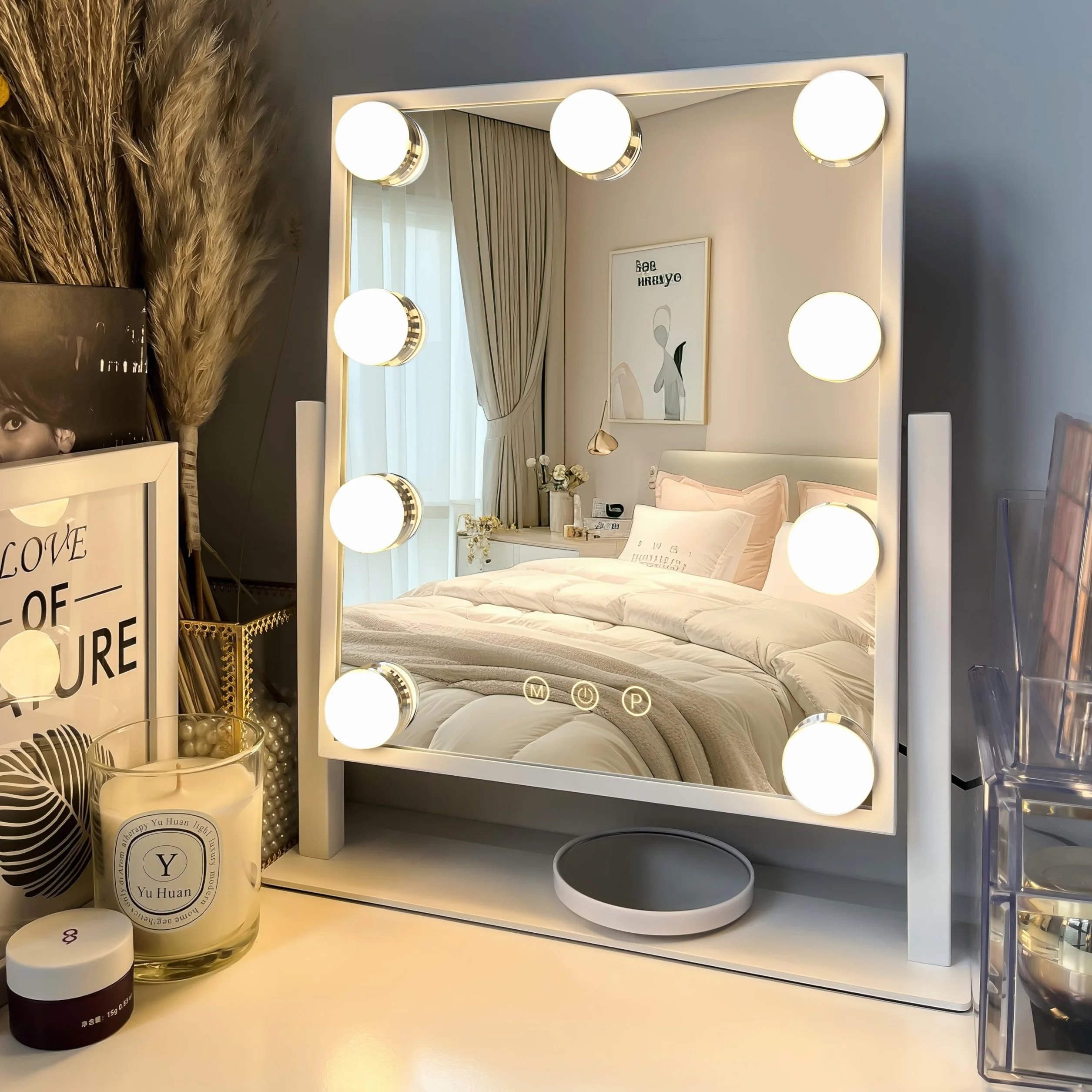 LuxeVue Hollywood Specchio da trucco con luci, specchio illuminato con luce a 3 colori e 9 lampadine a LED dimmerabili, schermo touch intelligente e rotazione di 360 gradi